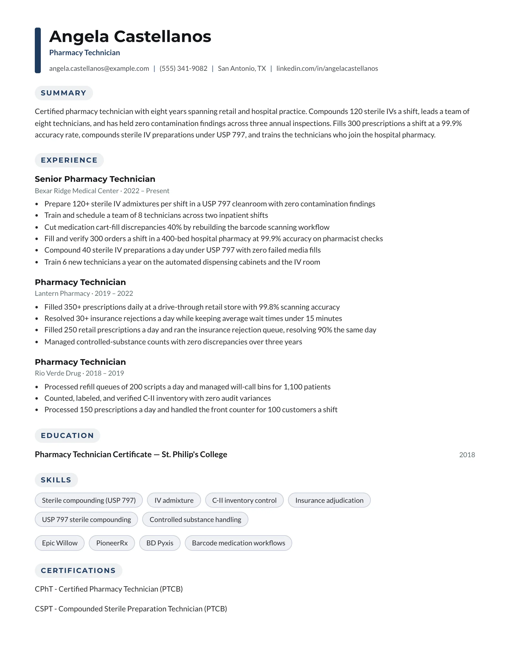 Pharmacy technician resume example — sample document
