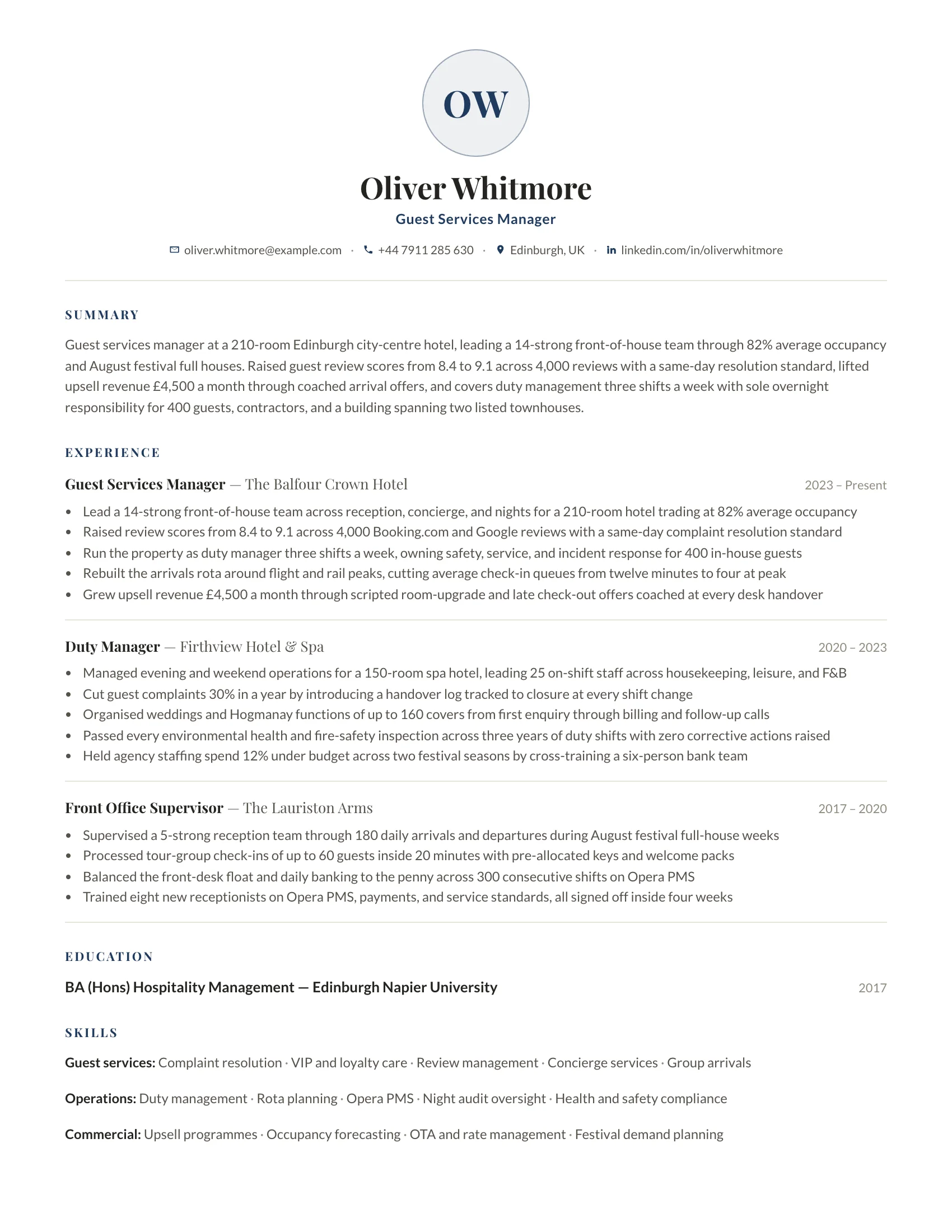 Guest Services Manager · Portrait resume template preview