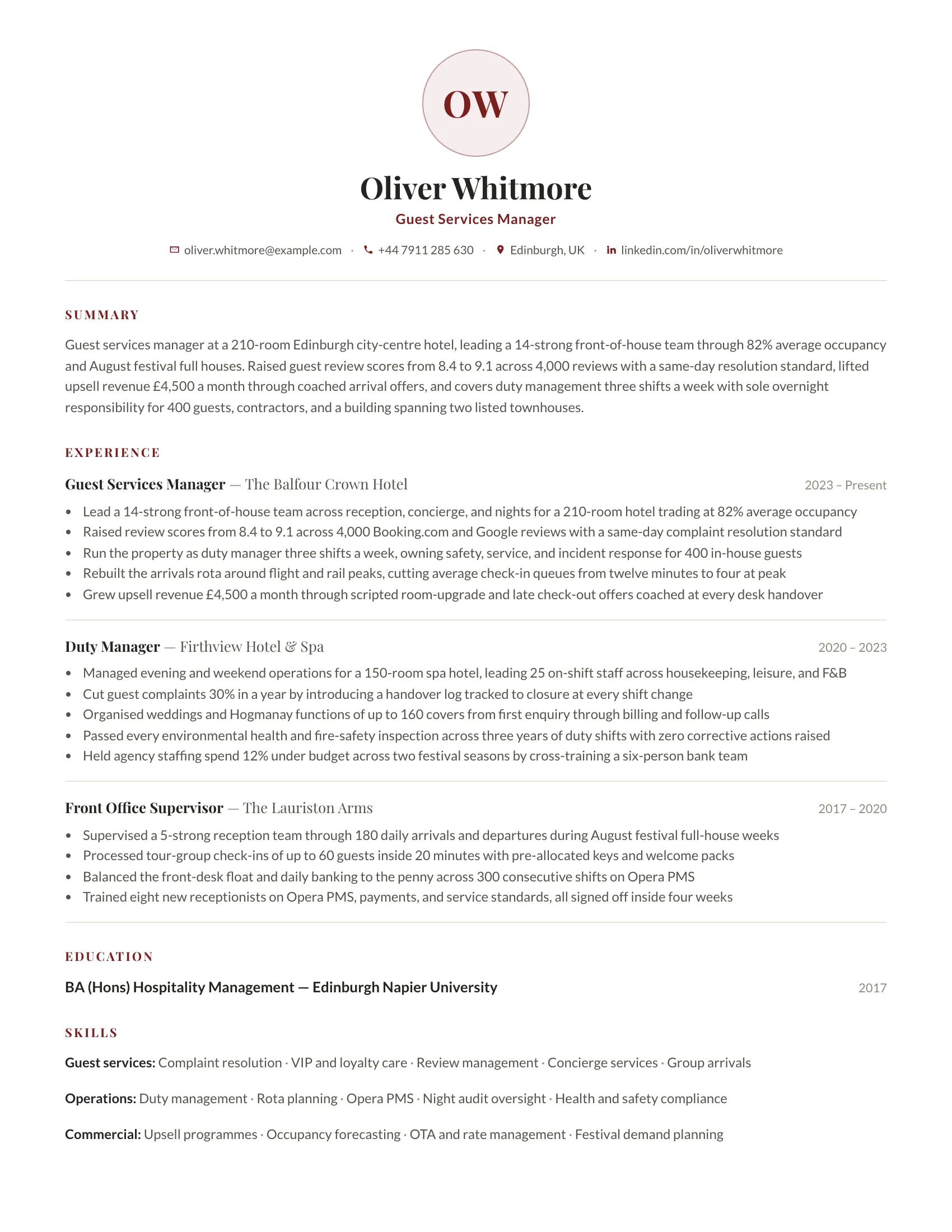Guest Services Manager · Portrait (Red) resume template preview