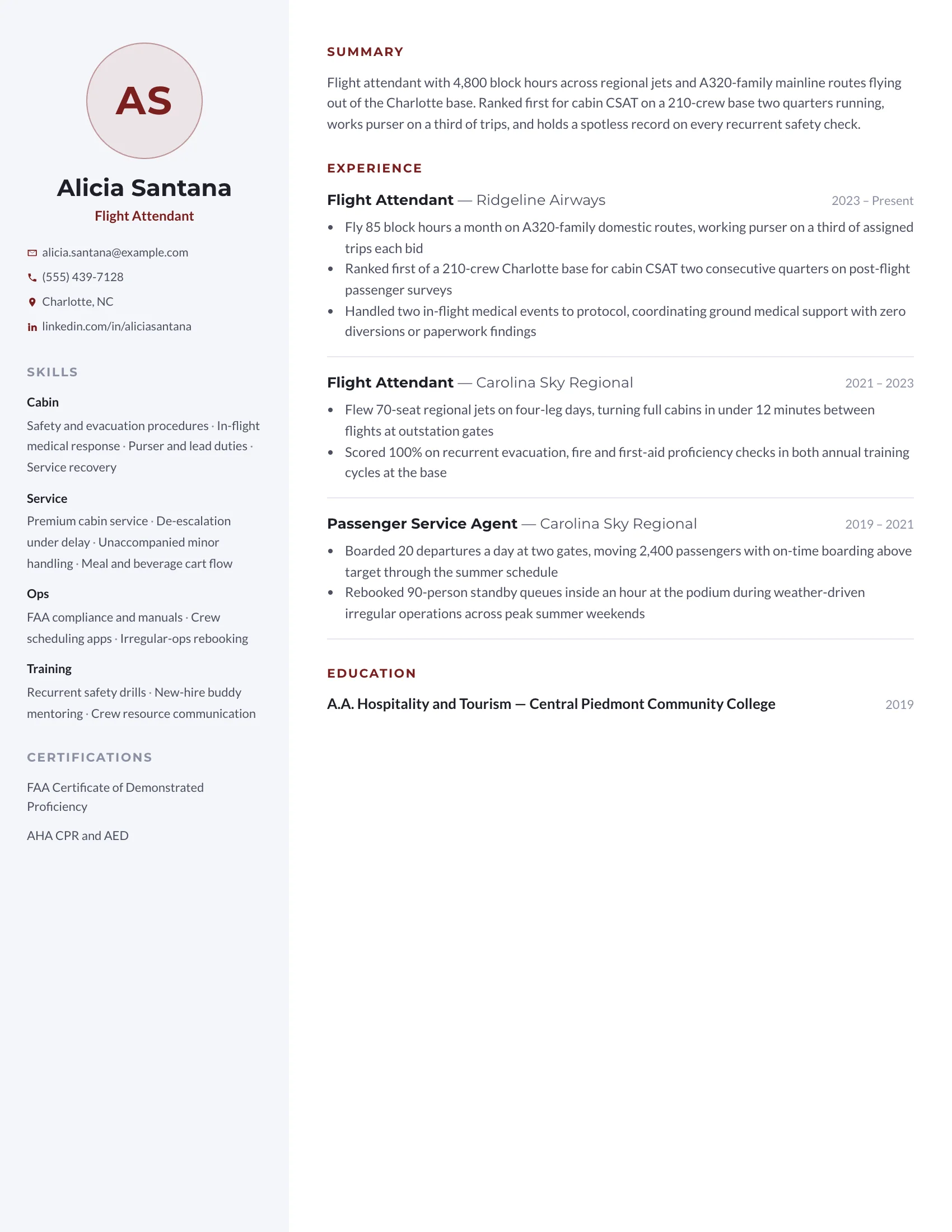 Flight Attendant · Profile (Red) resume template preview