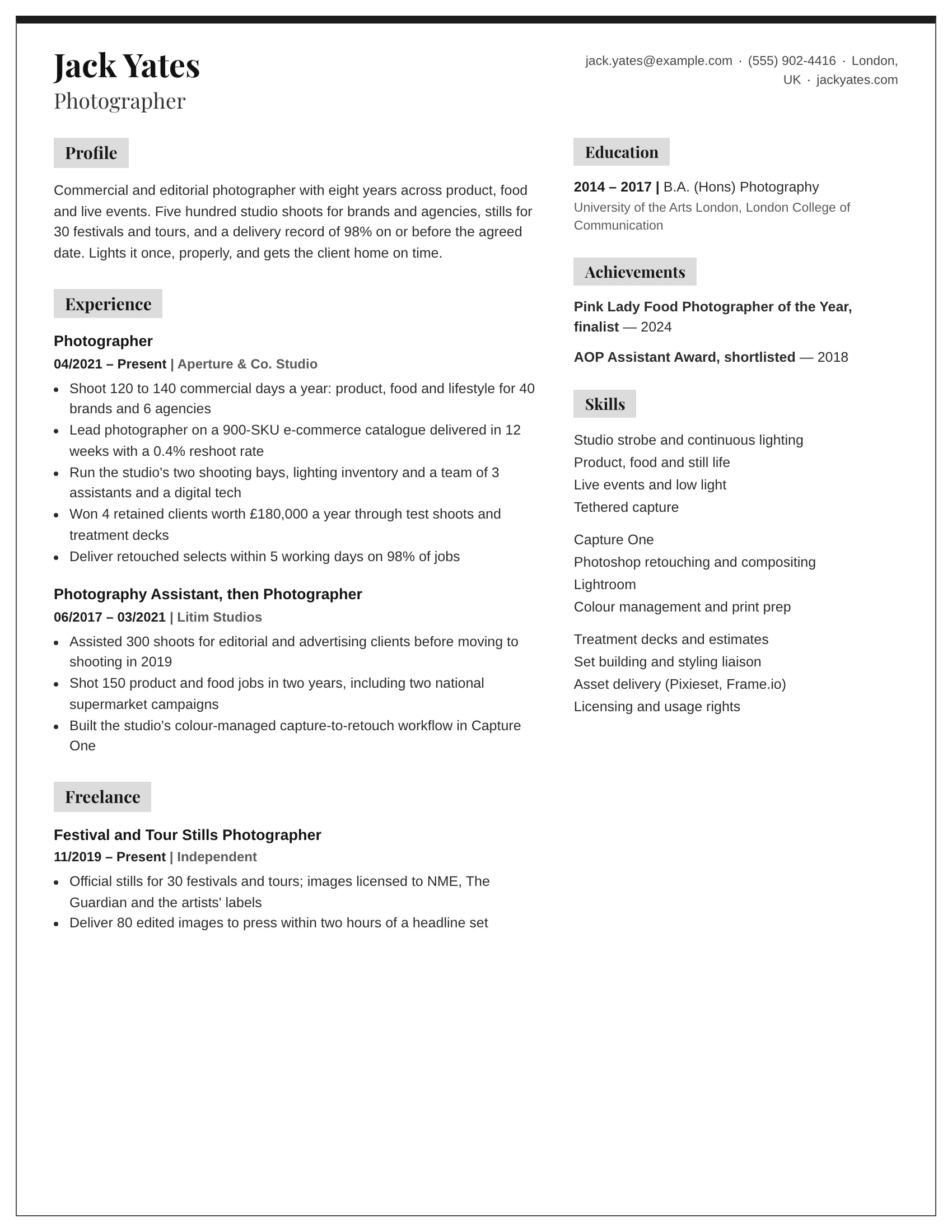 Photographer resume example — sample document