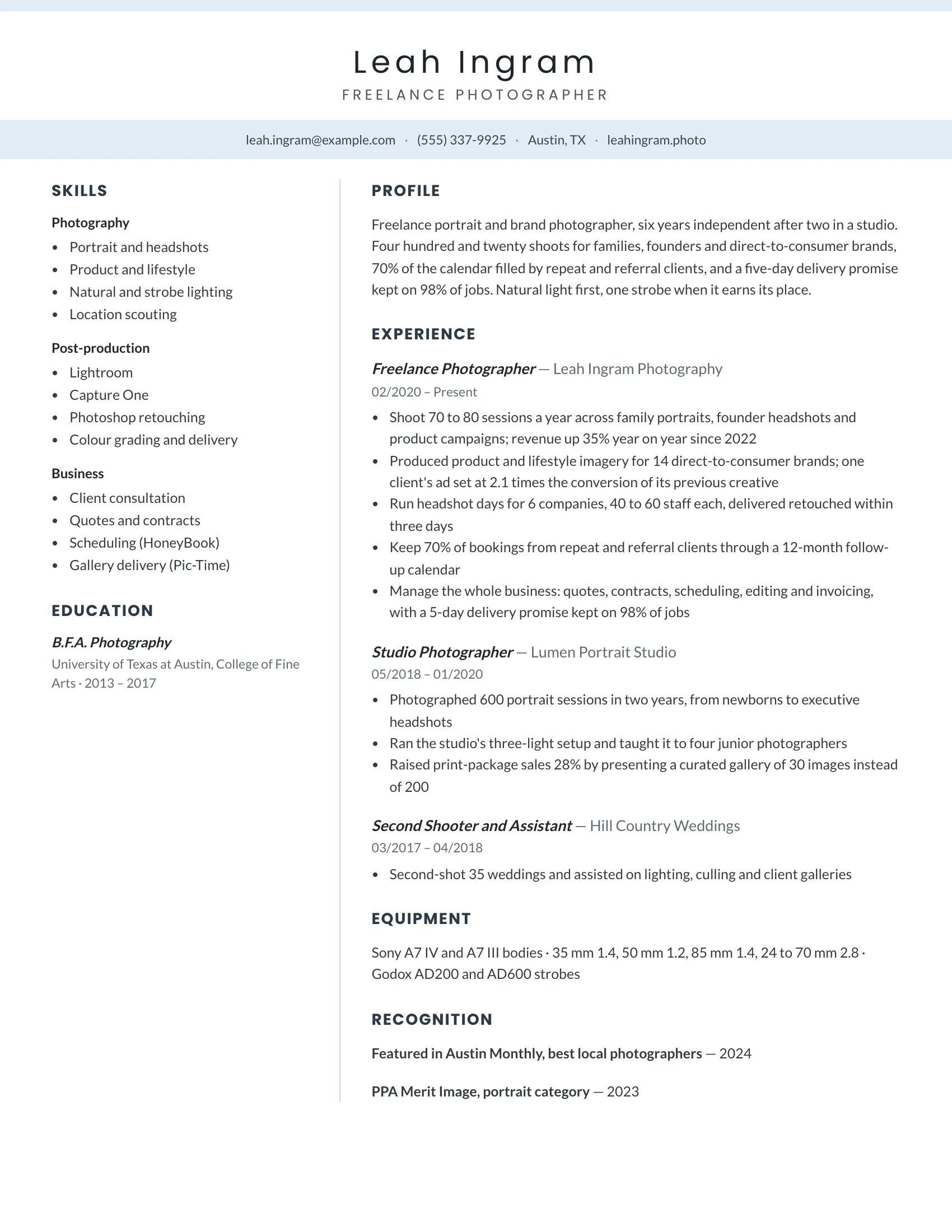 Freelance Photographer resume example — sample document
