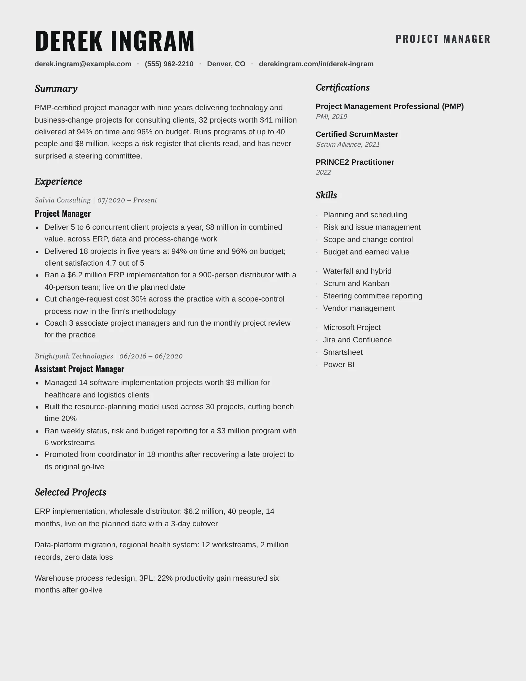 Project Manager · Caps resume template preview