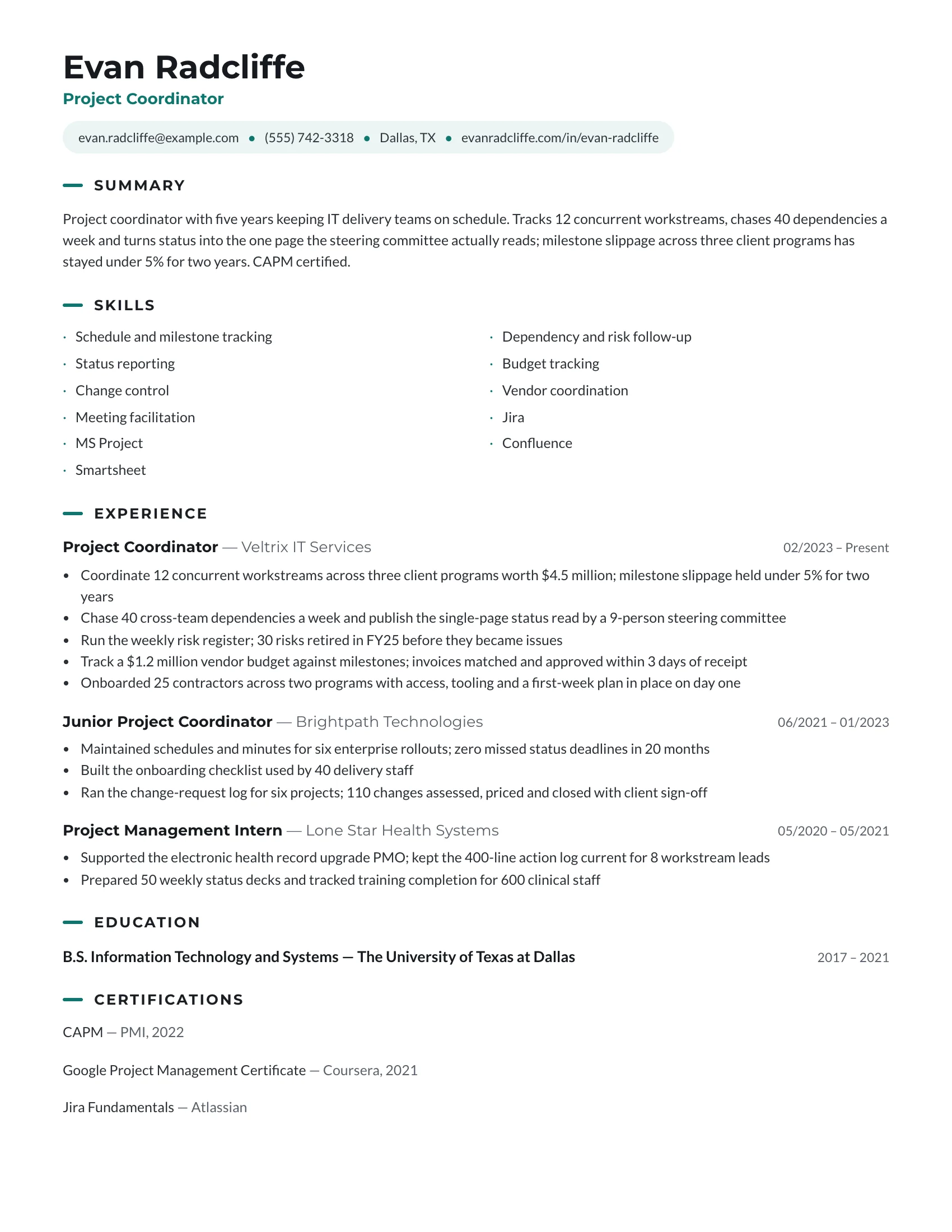 Project Coordinator · Pills (Teal) resume template preview