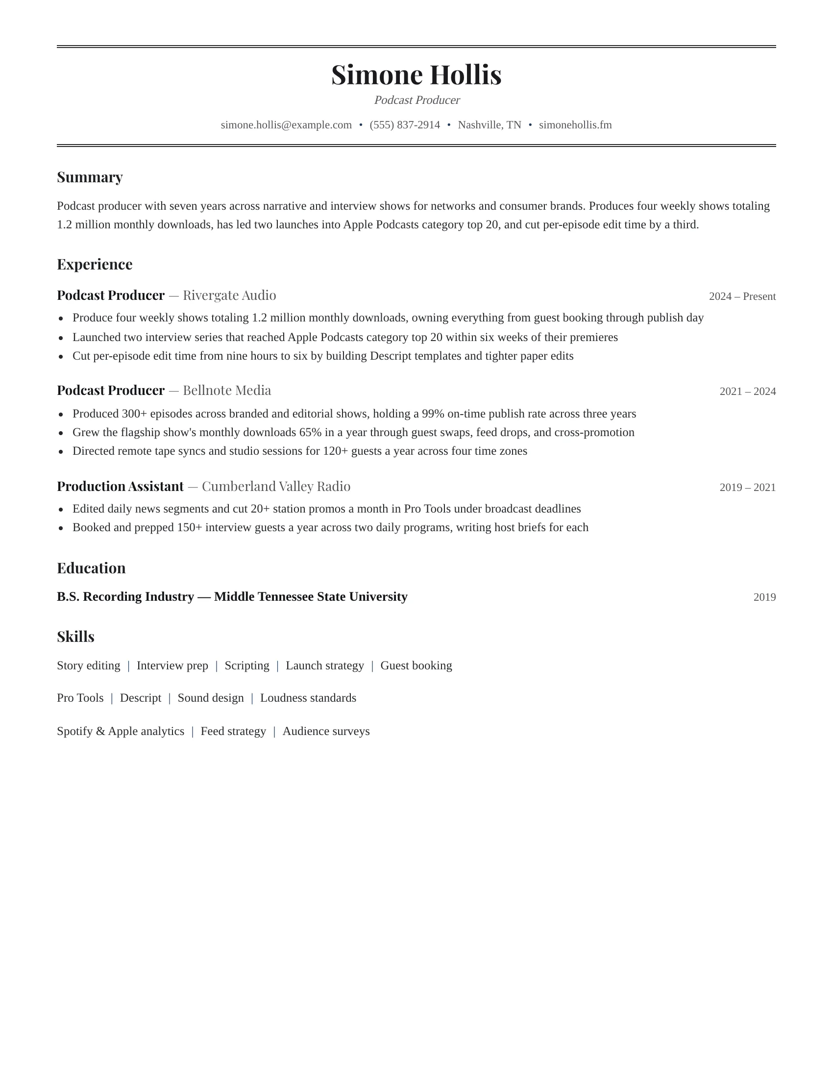 Podcast Producer · Newsweek resume template preview