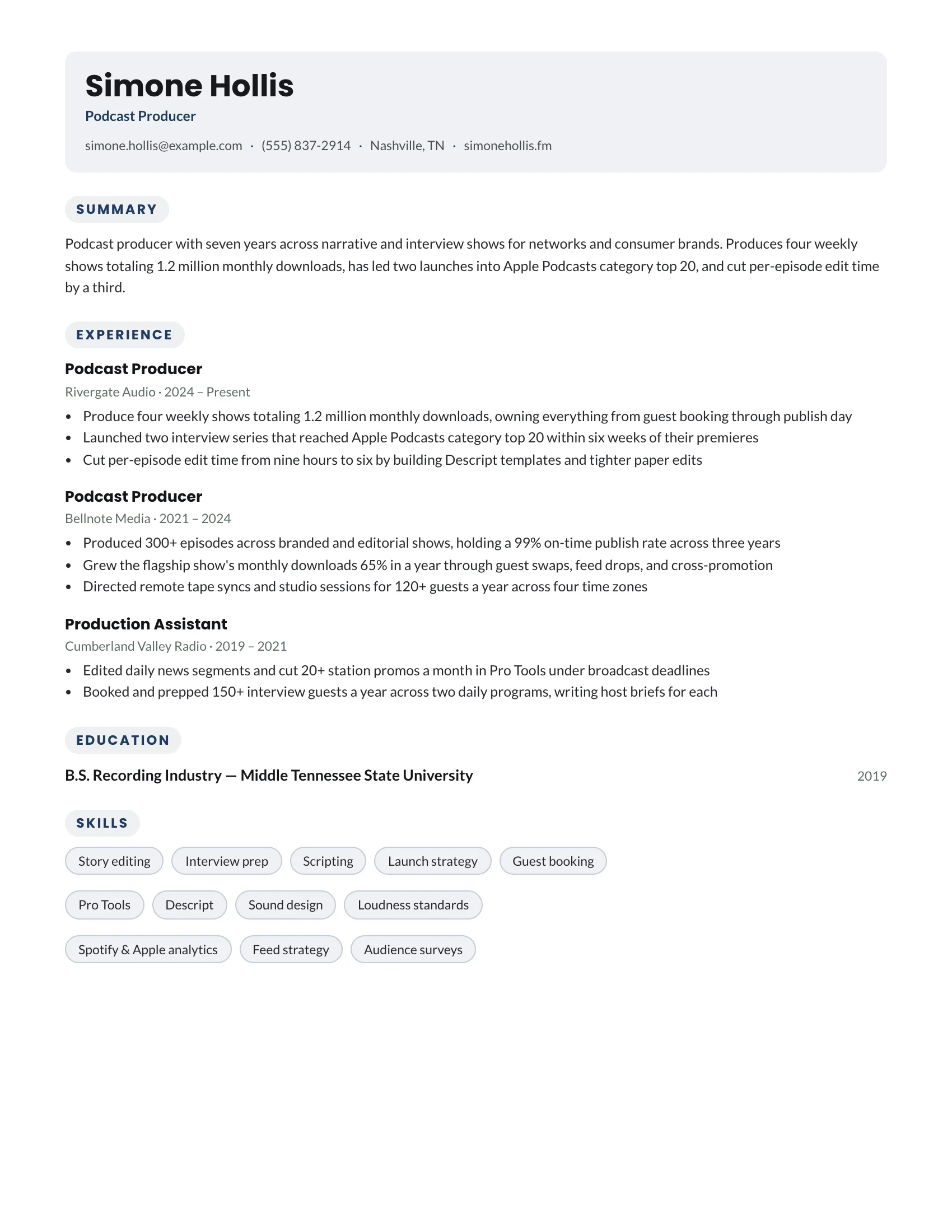 Podcast Producer · Message resume template preview