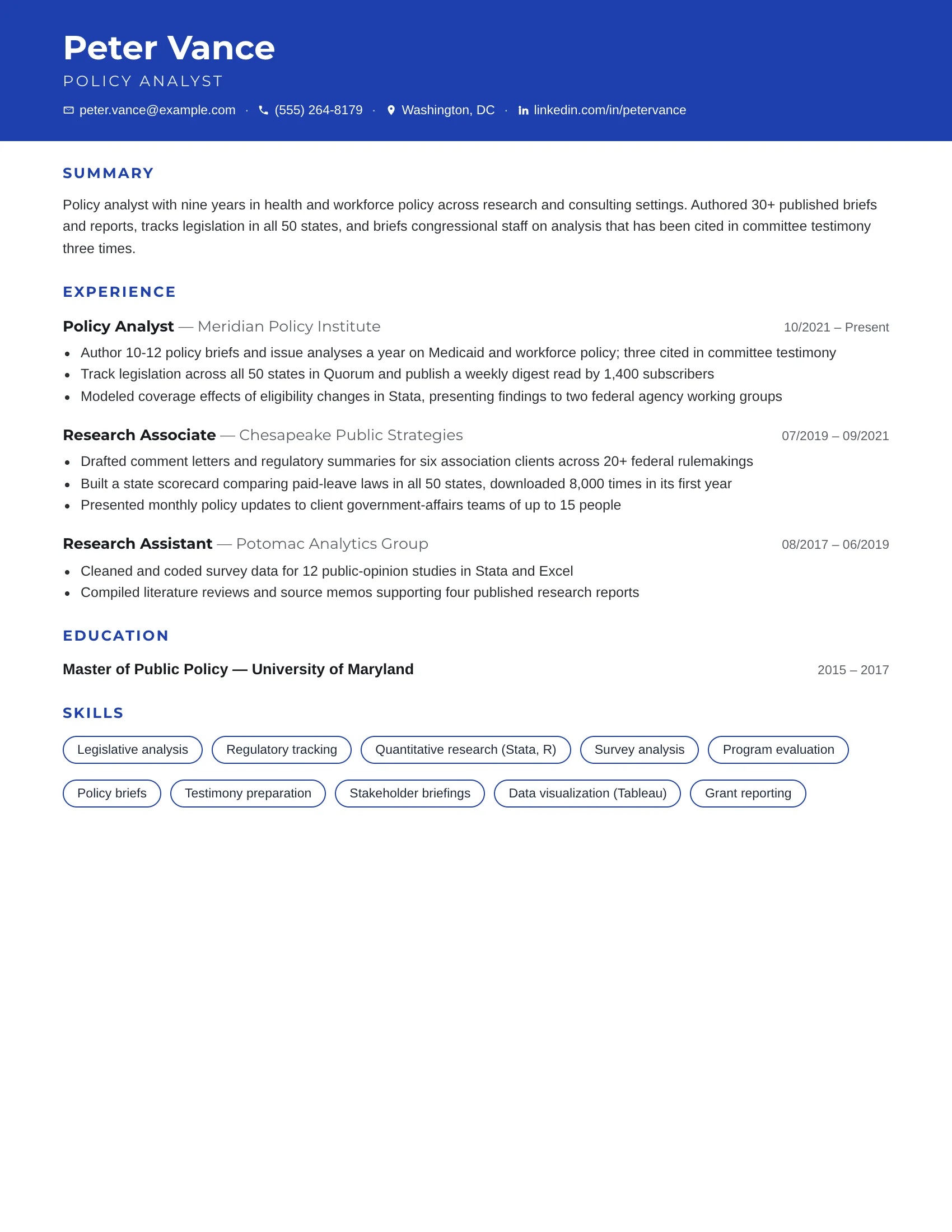 Policy Analyst · Brief resume template preview