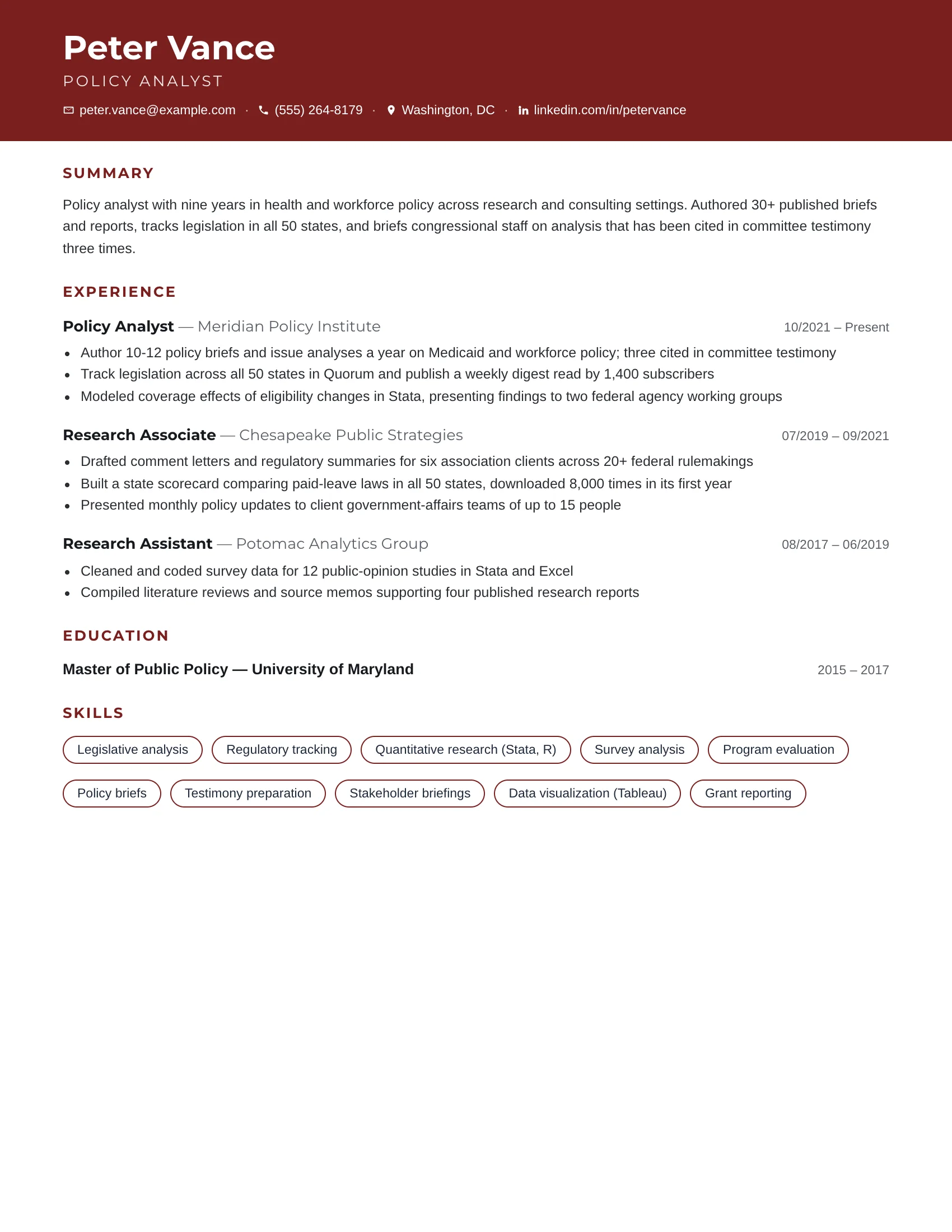 Policy Analyst · Brief (Red) resume template preview