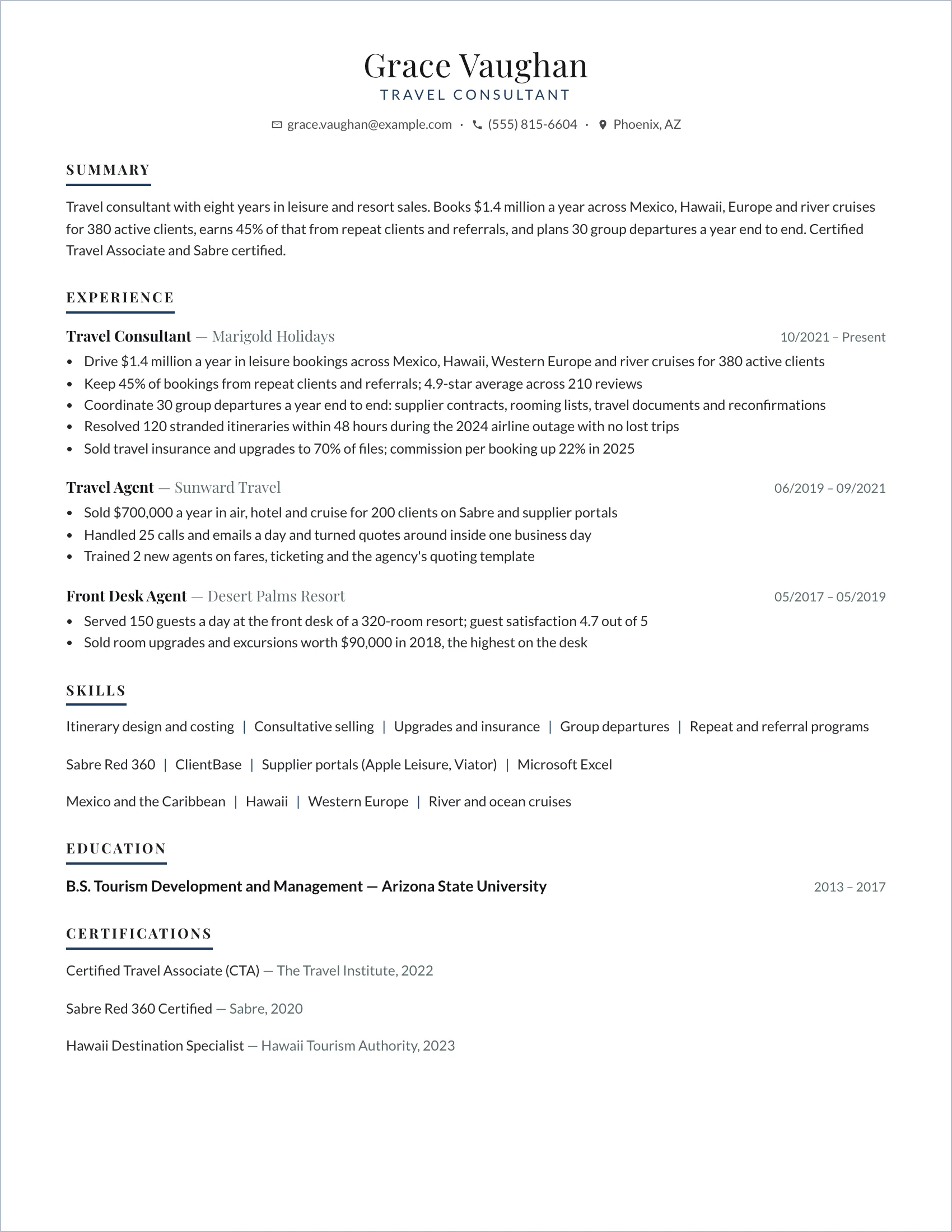 Travel · Postcard (Navy) resume template preview