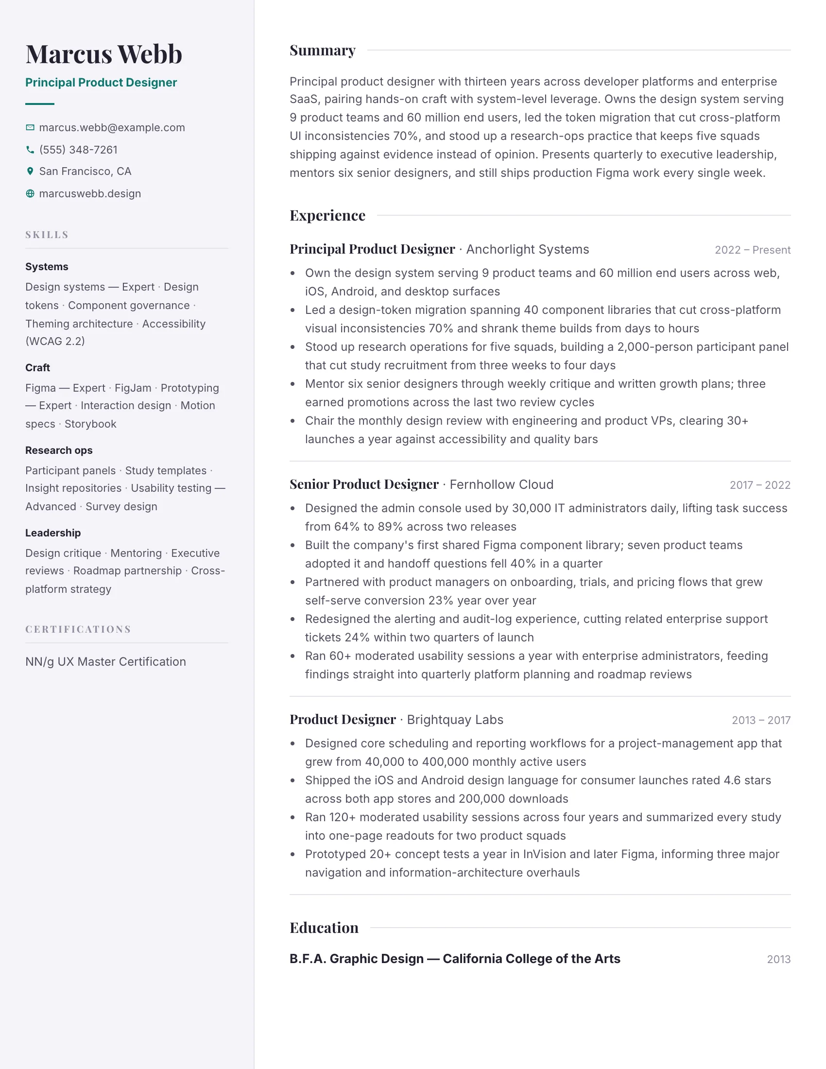 Principal Product Designer · Quiet Rail resume template preview