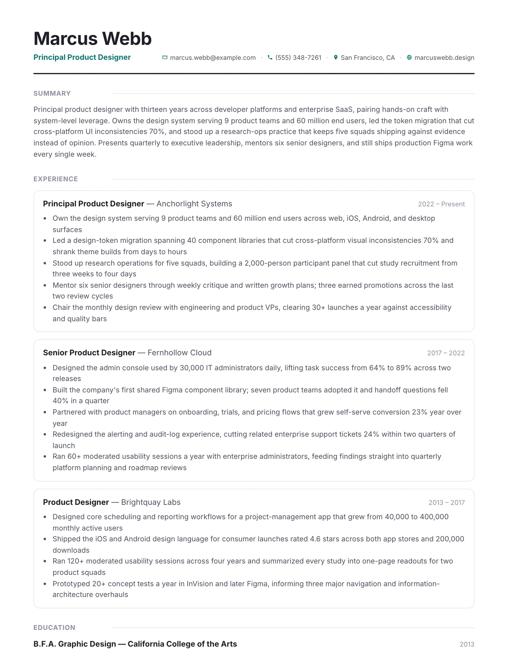 Principal Product Designer · Railline resume template preview