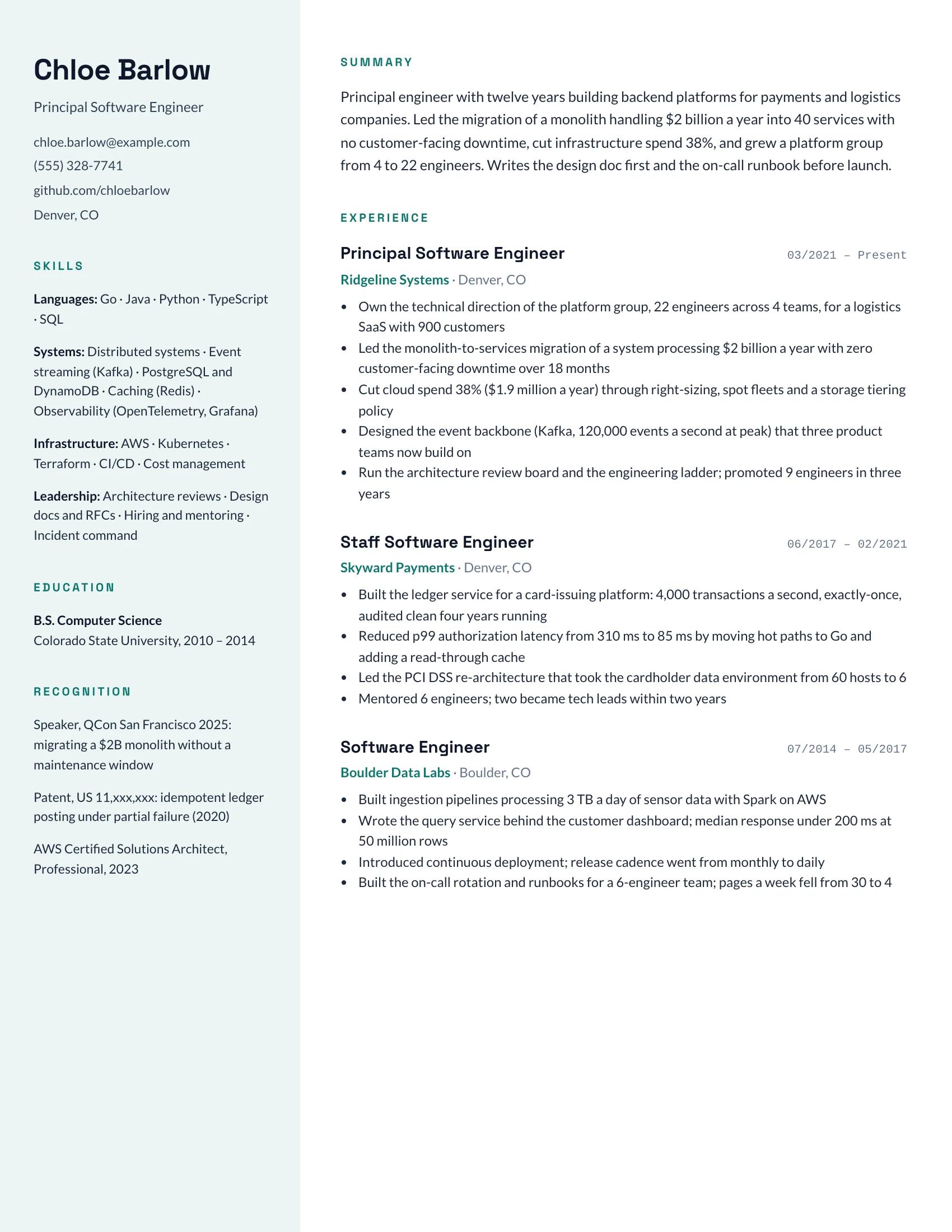 Software Engineer · Rail resume template preview