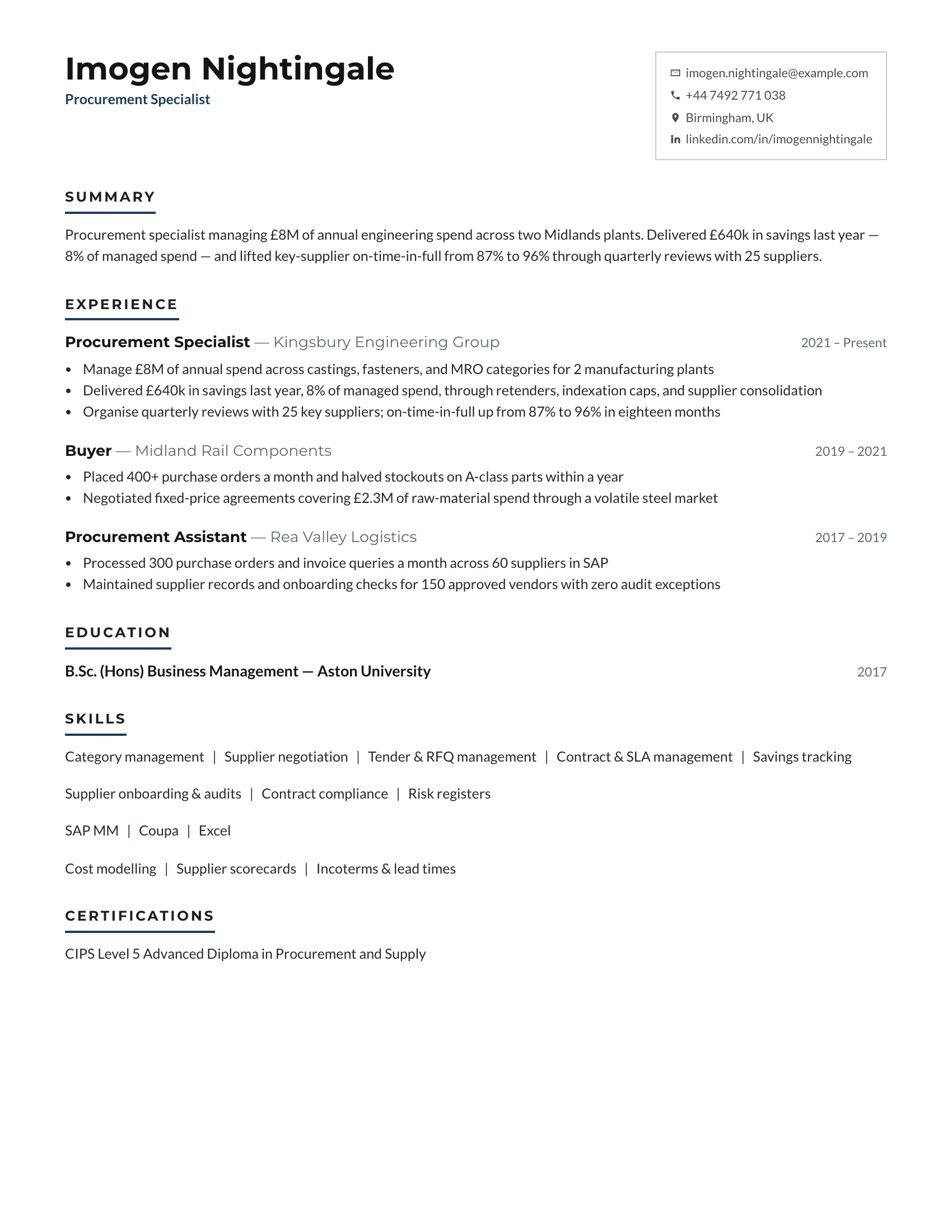 Procurement Specialist · Midday resume template preview