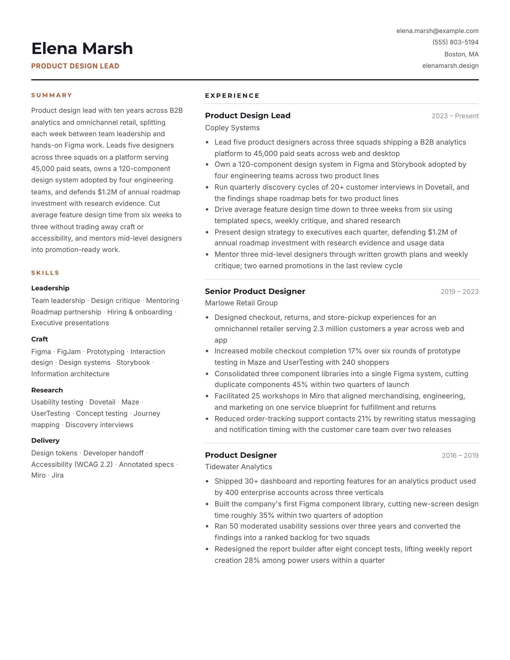 Product Design Lead · Brief resume template preview