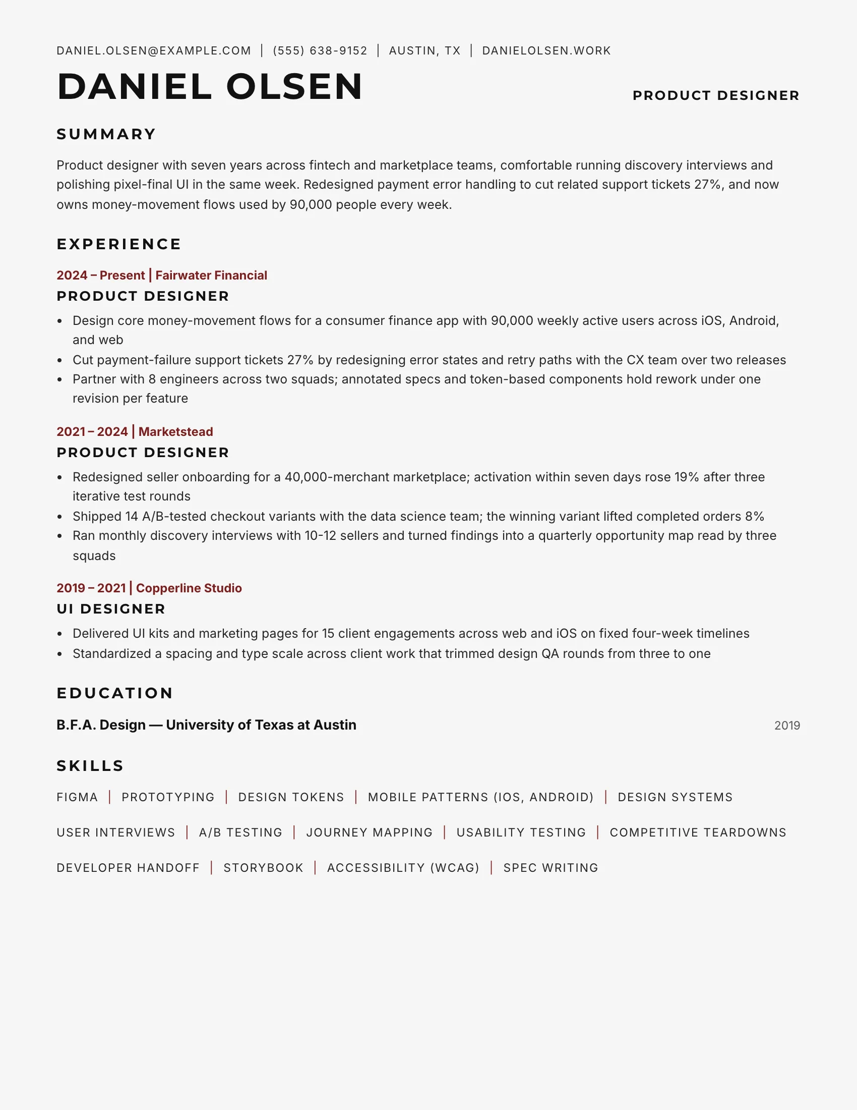 Product Designer · Caps resume template preview