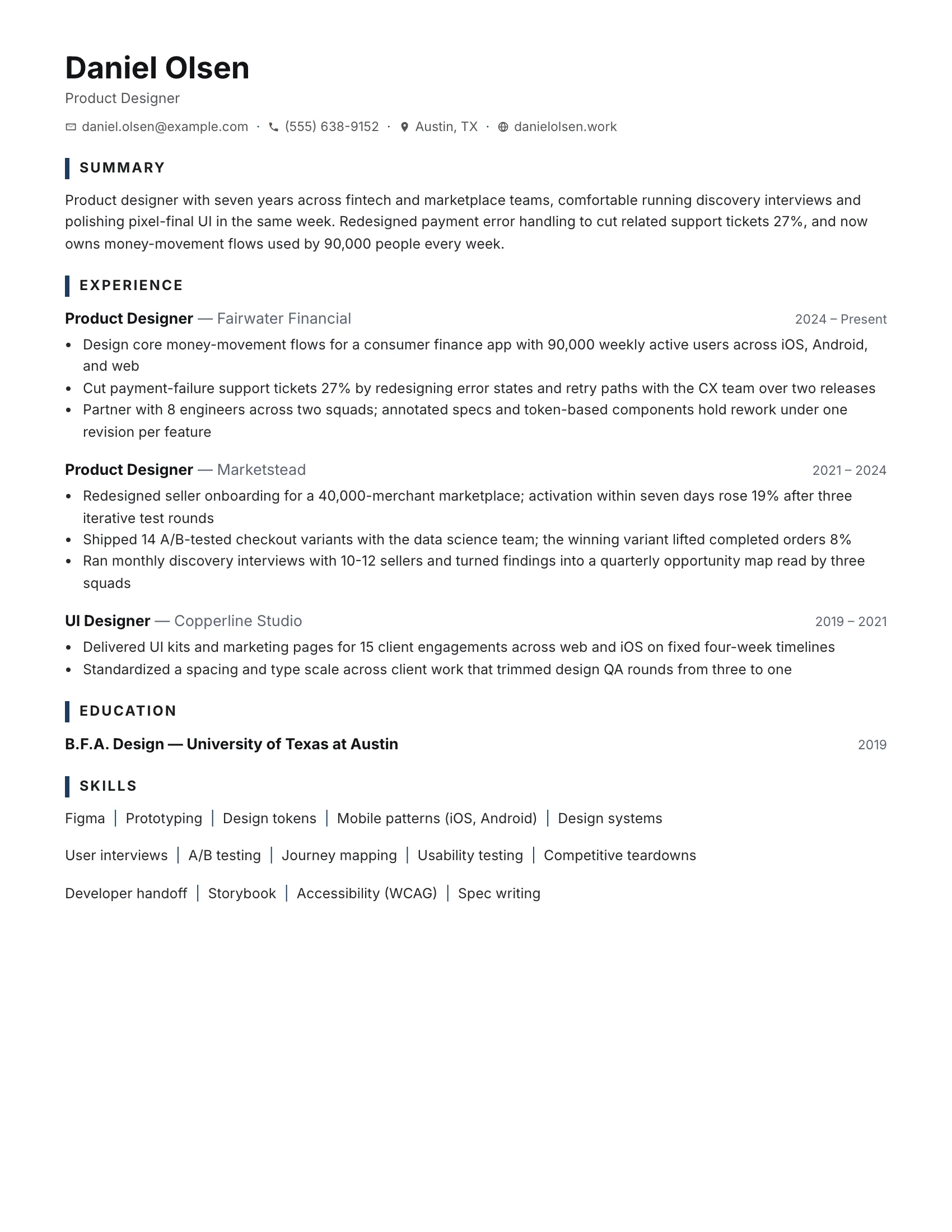 Product Designer · Clean resume template preview