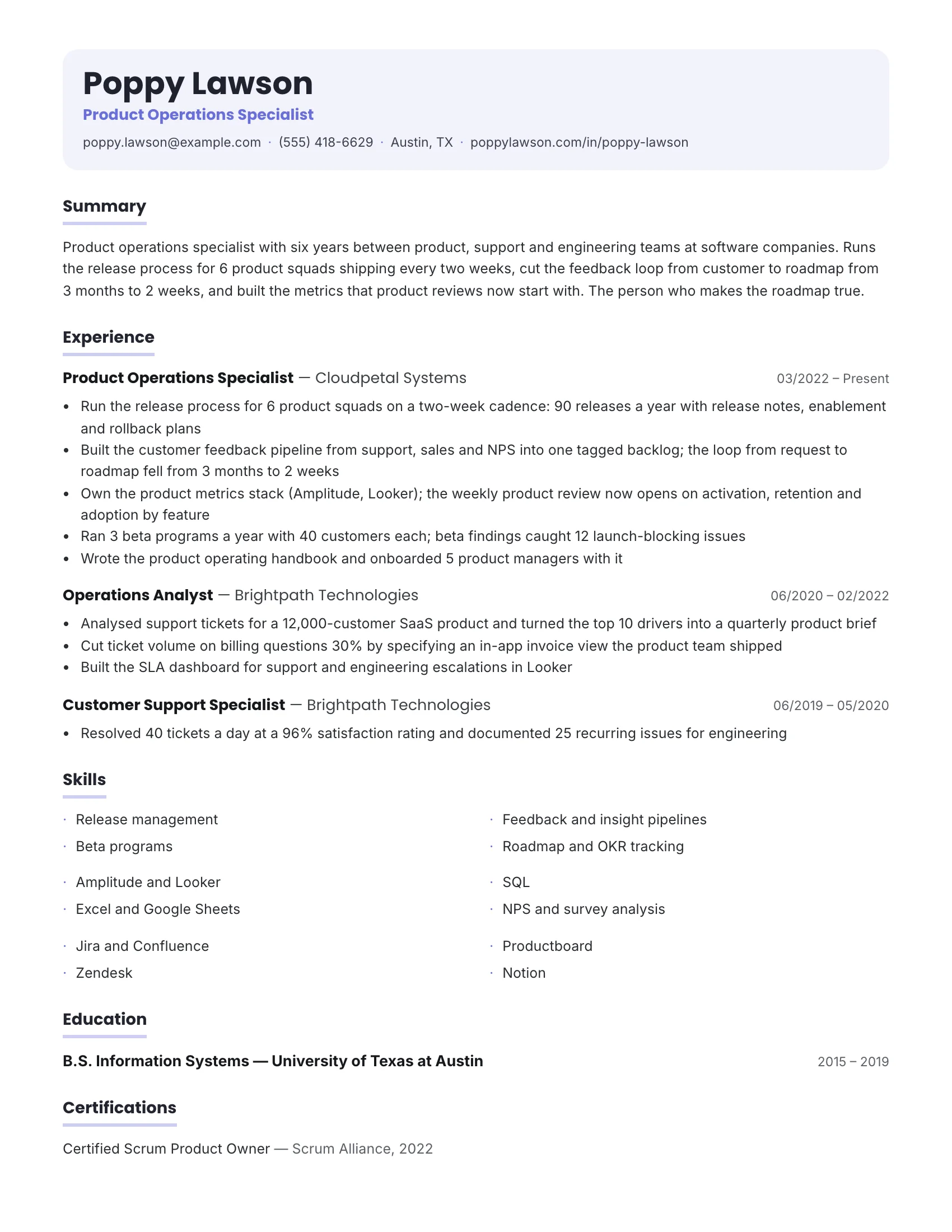 Product Ops · Periwinkle resume template preview