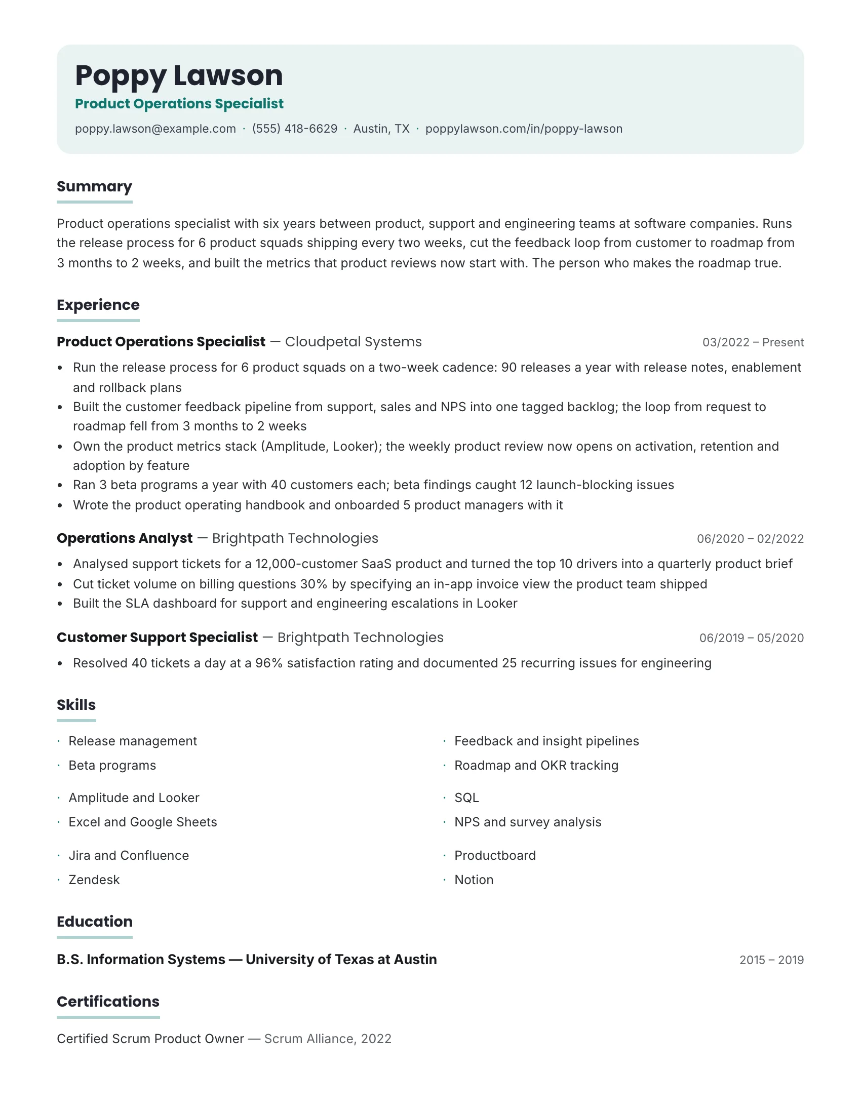 Product Ops · Periwinkle (Teal) resume template preview