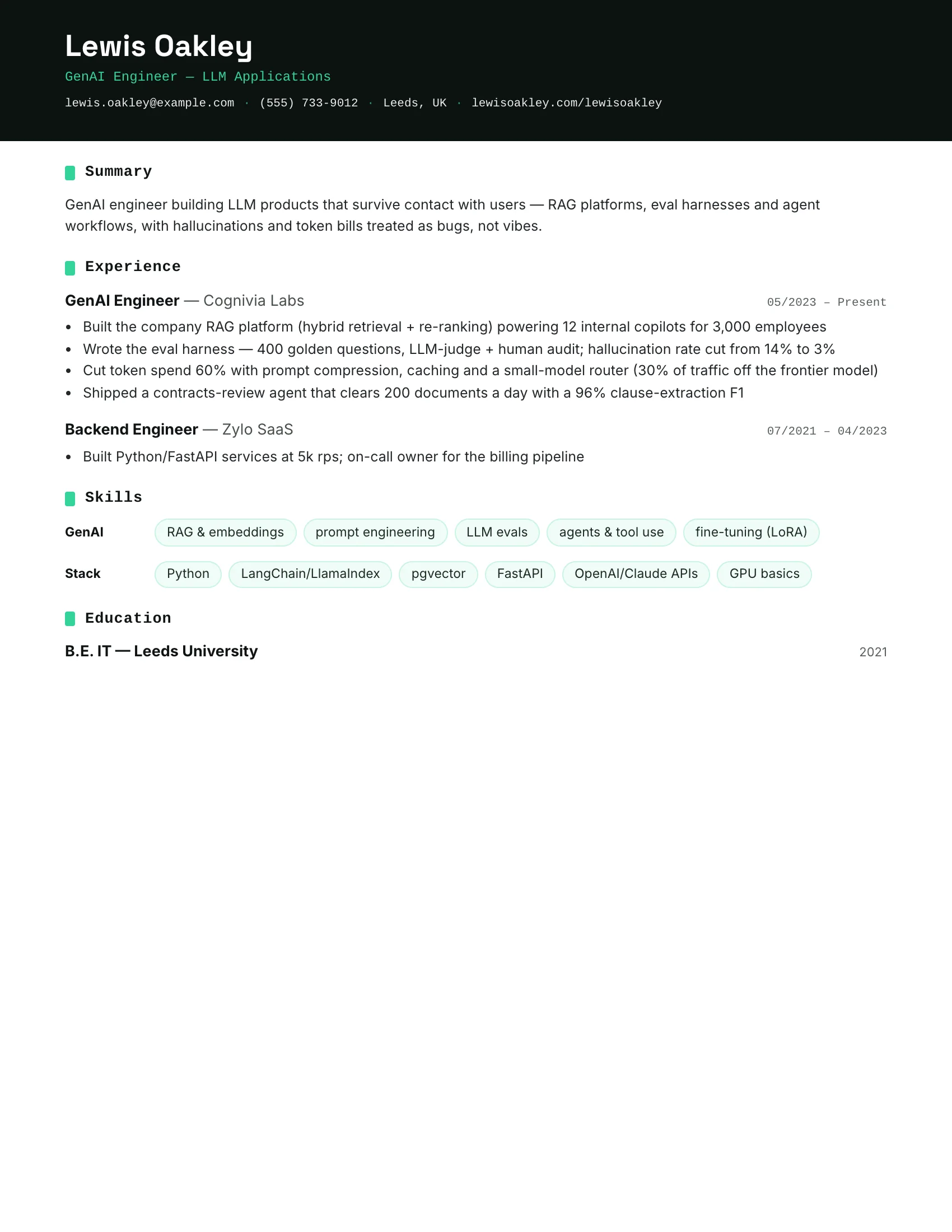GenAI Engineer · Stack resume template preview