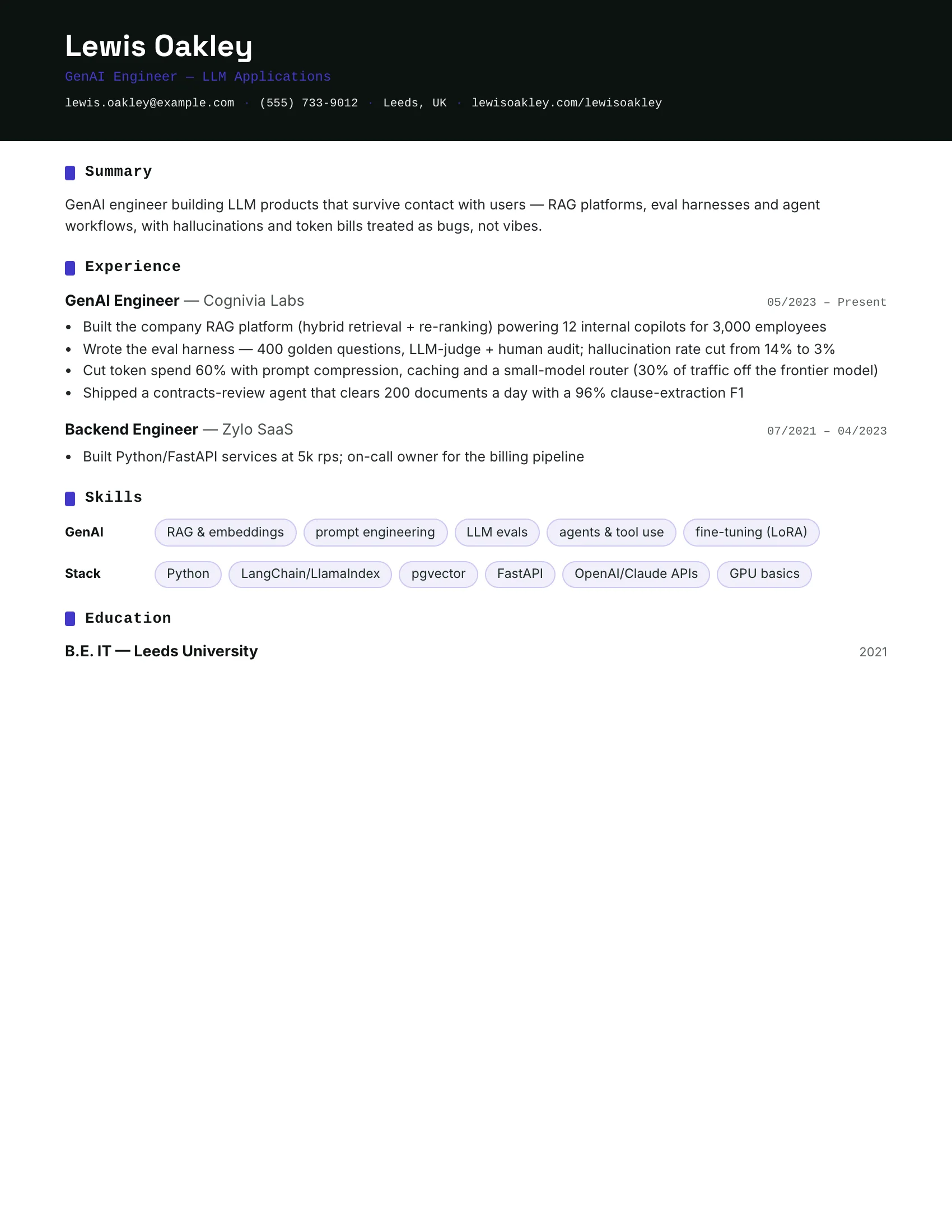 GenAI Engineer · Stack (Indigo) resume template preview
