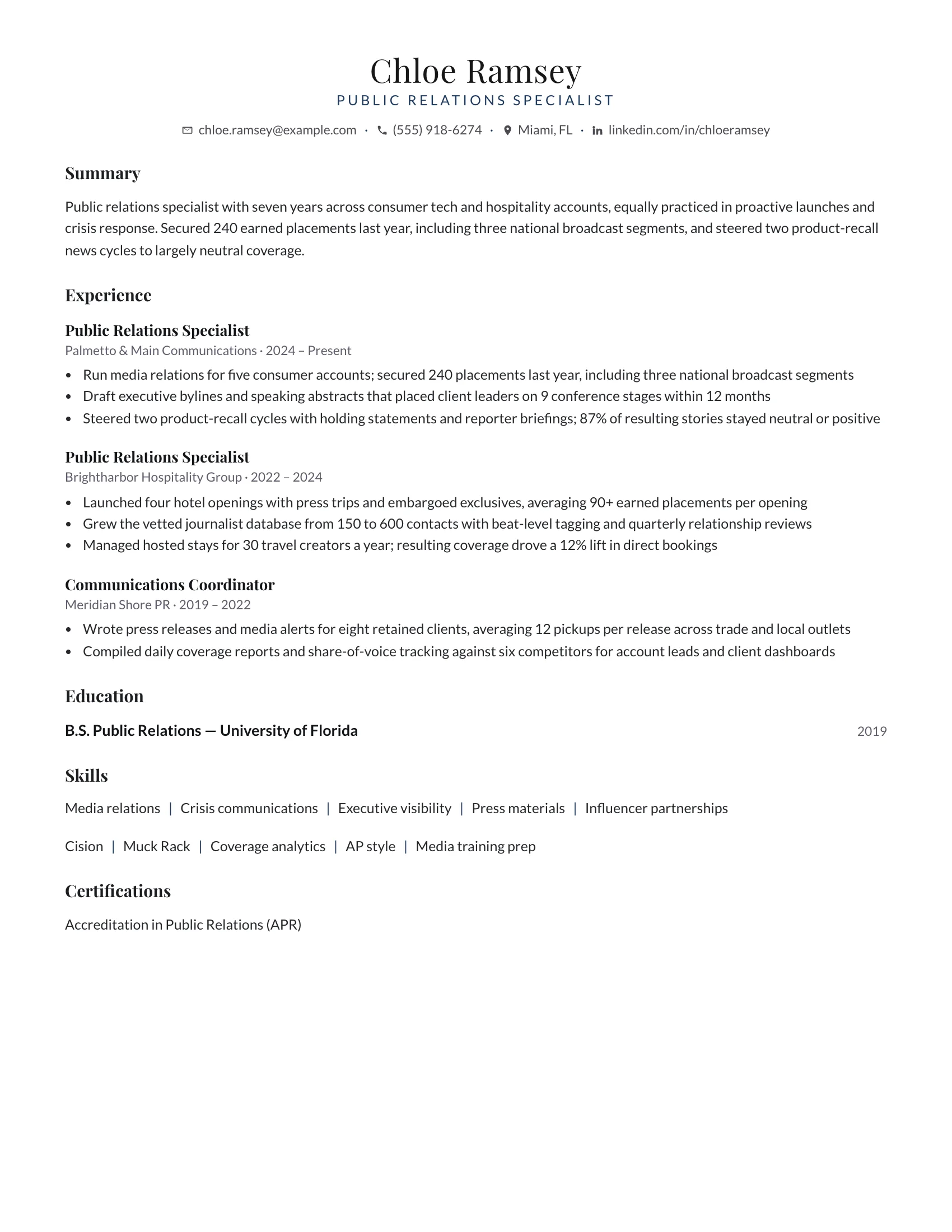 Public Relations Specialist · Classy resume template preview
