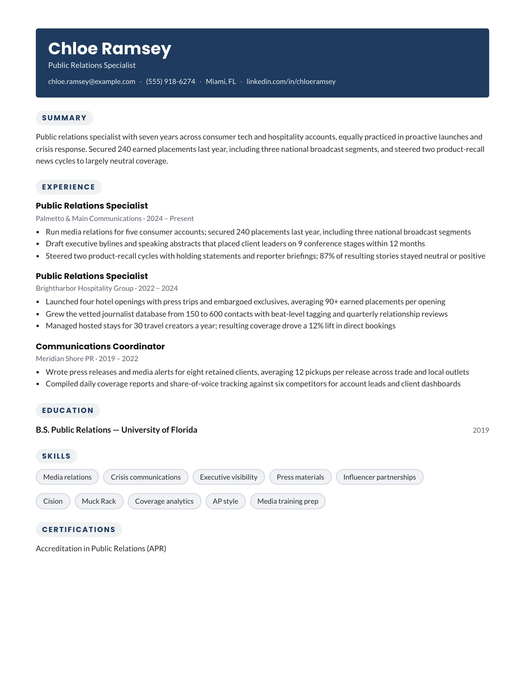 Public Relations Specialist · Gradient resume template preview