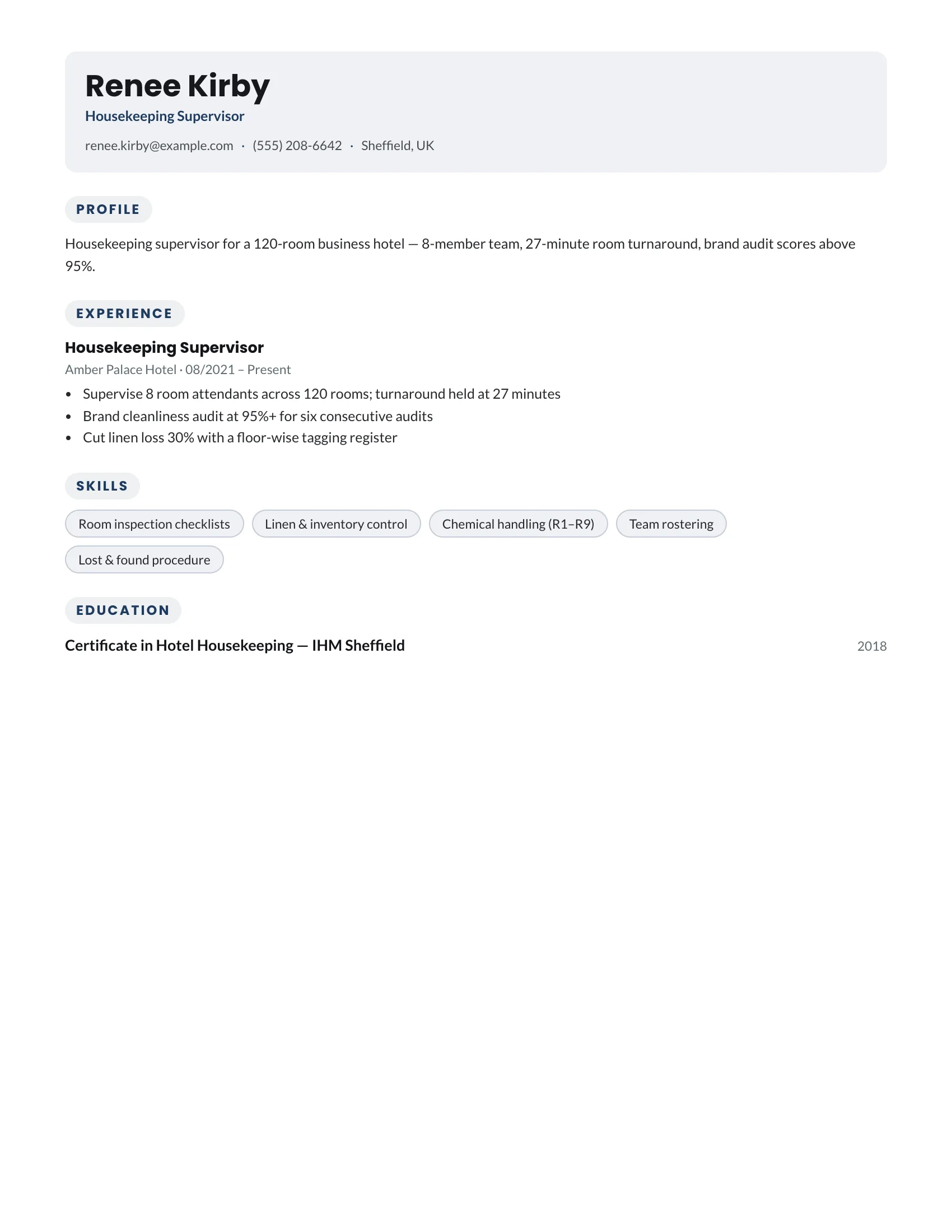 Housekeeping · Puddle (Navy) resume template preview