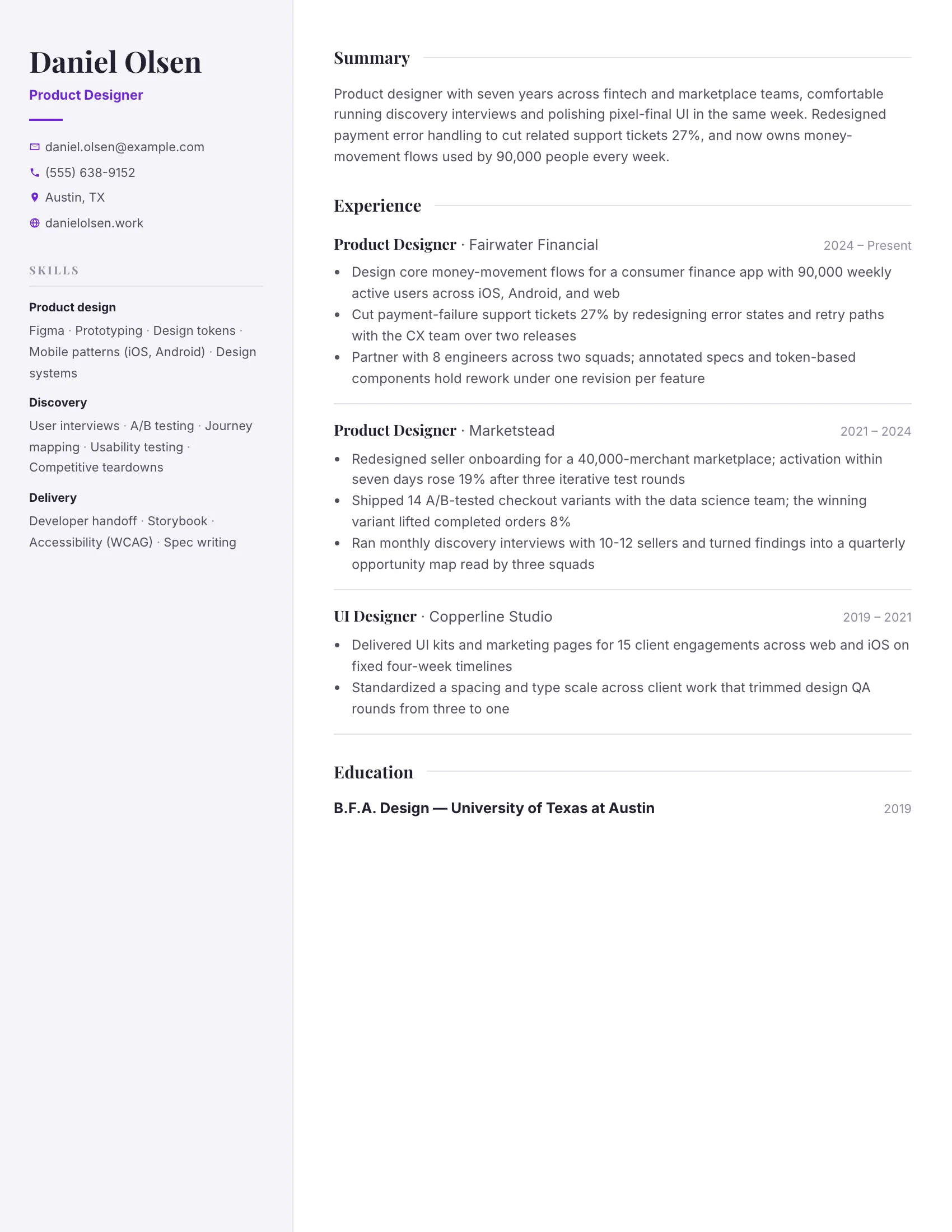 Product Designer · Quiet Rail resume template preview