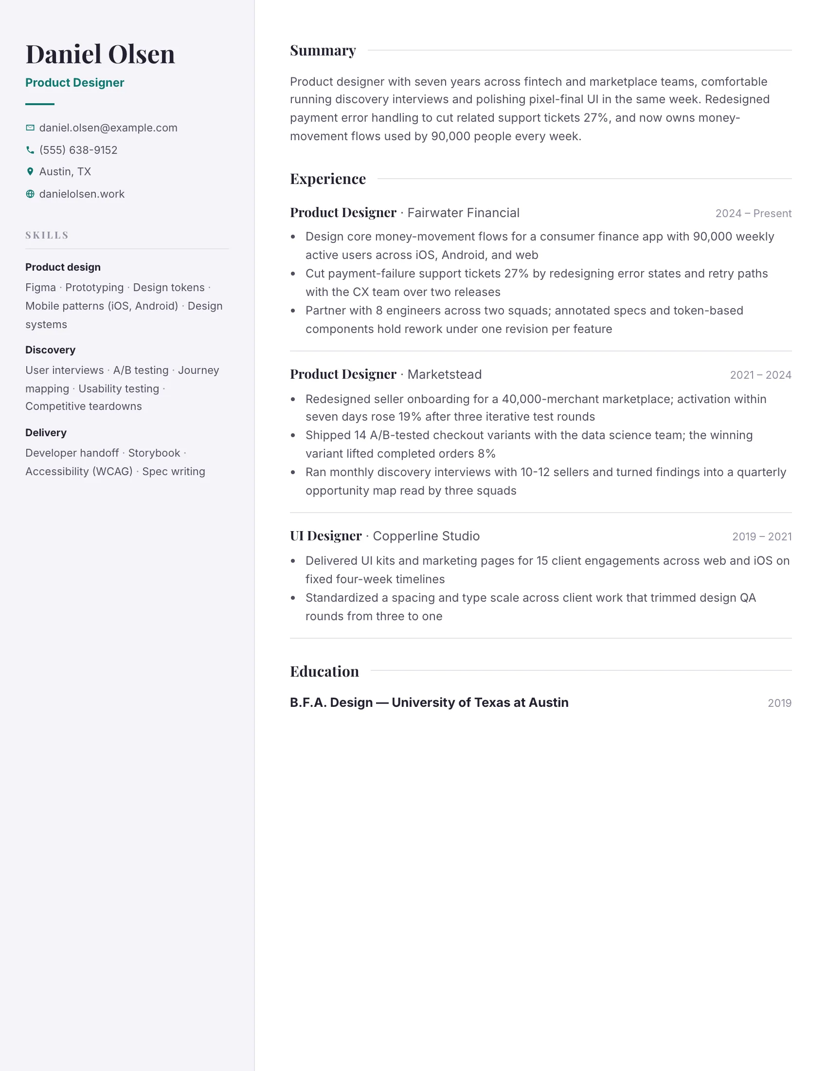 Product Designer · Quiet Rail (Teal) resume template preview
