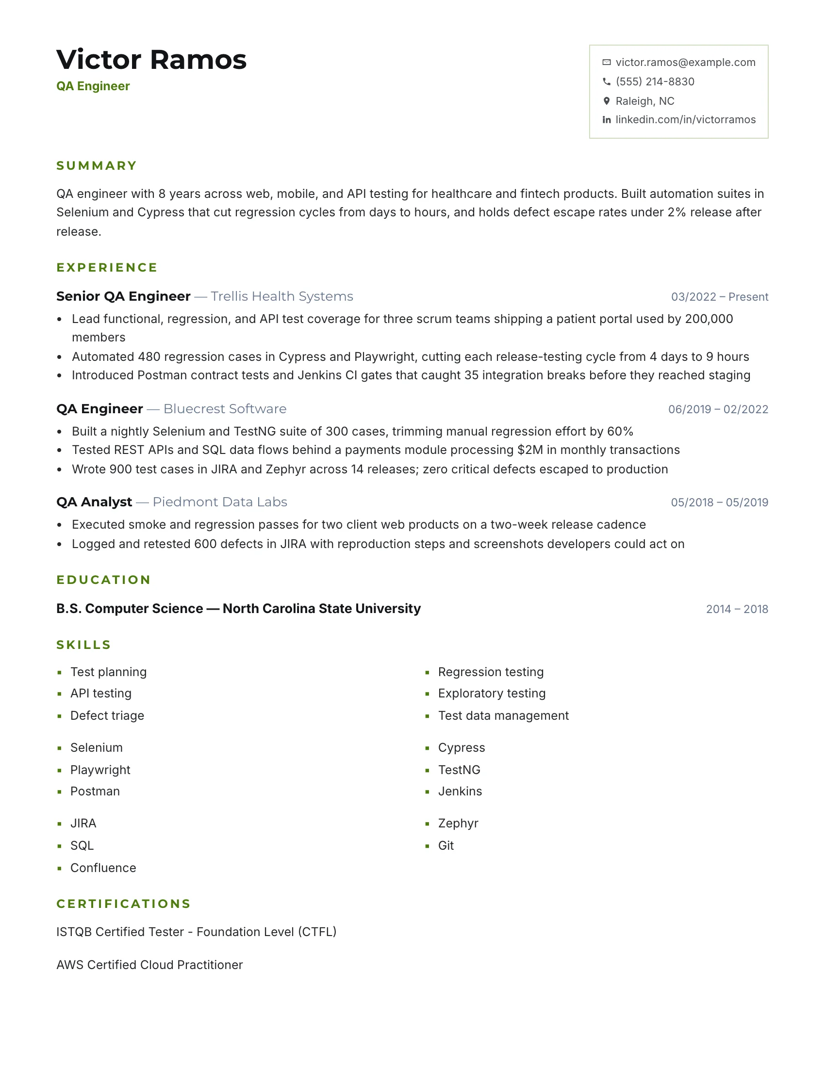 QA Engineer · Checkpoint resume template preview