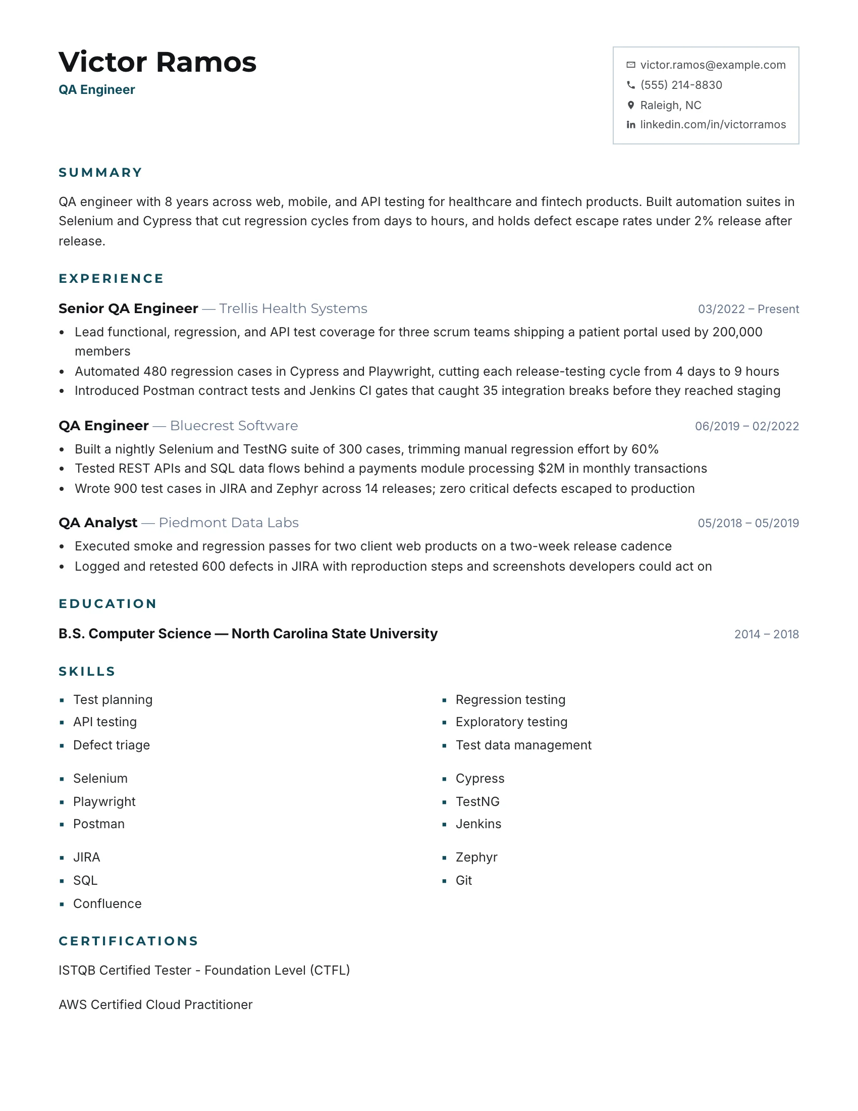 QA Engineer · Checkpoint (Teal) resume template preview