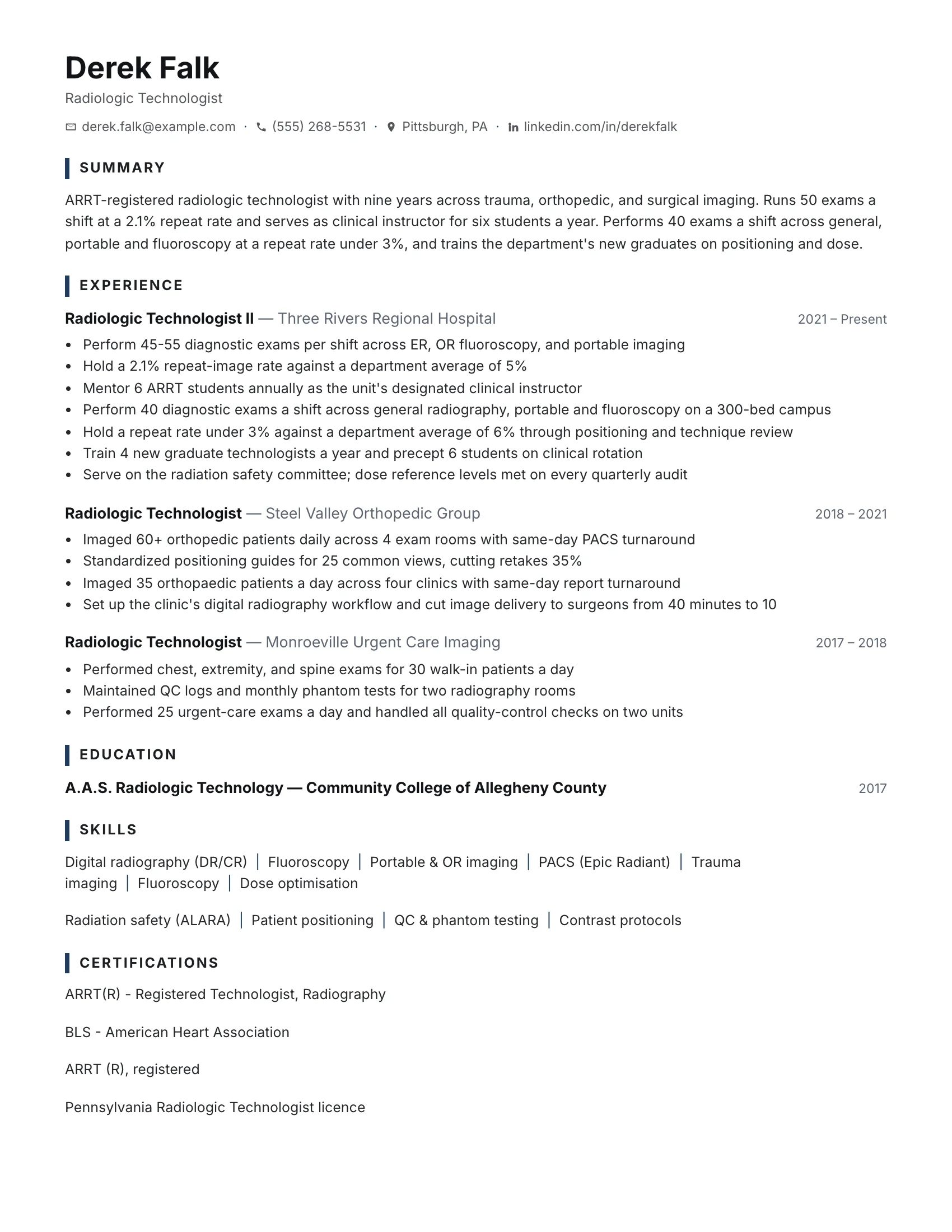 Radiologic Technologist · Clean resume template preview
