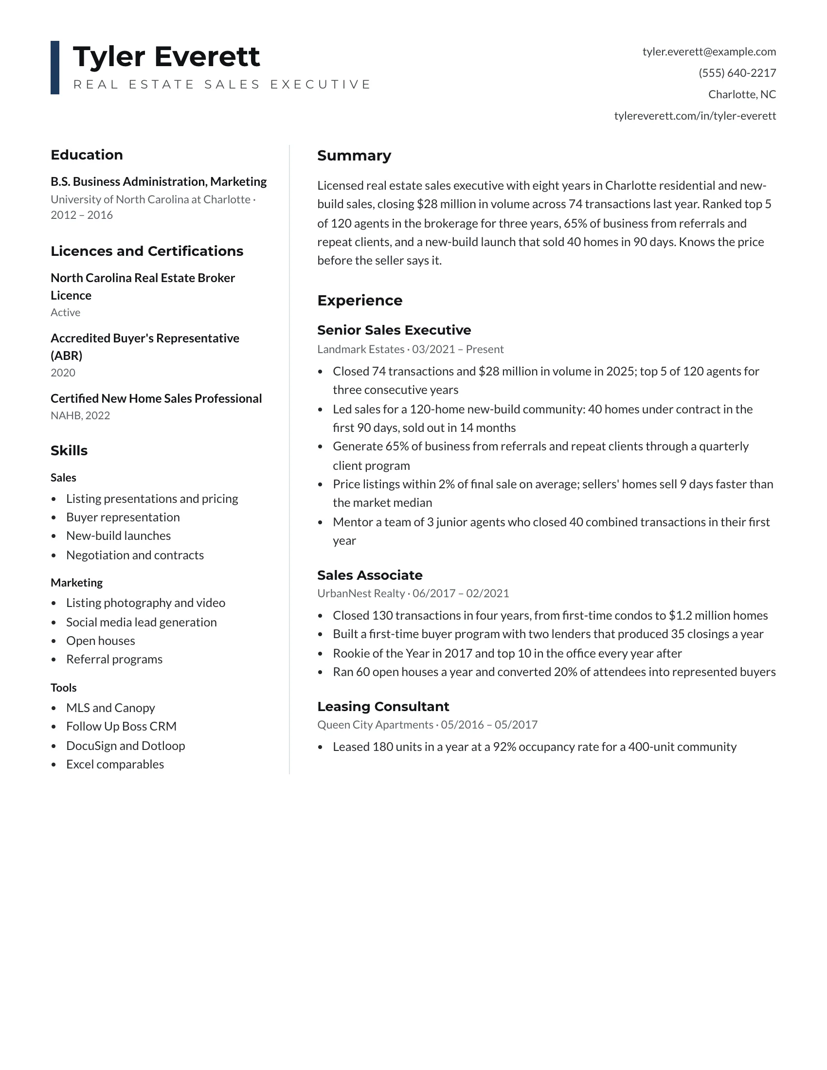 Real Estate · Keys (Navy) resume template preview