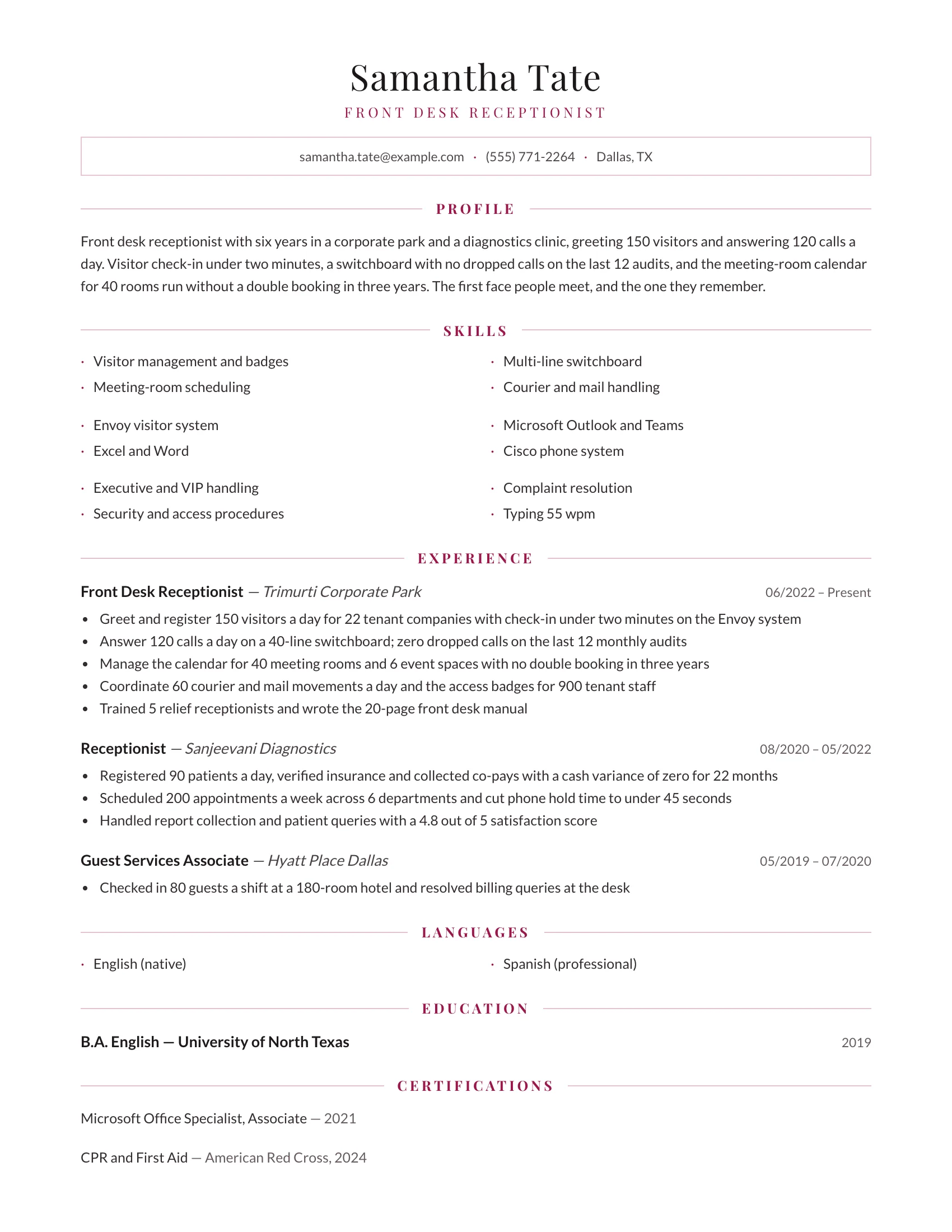 Receptionist · Foyer resume template preview