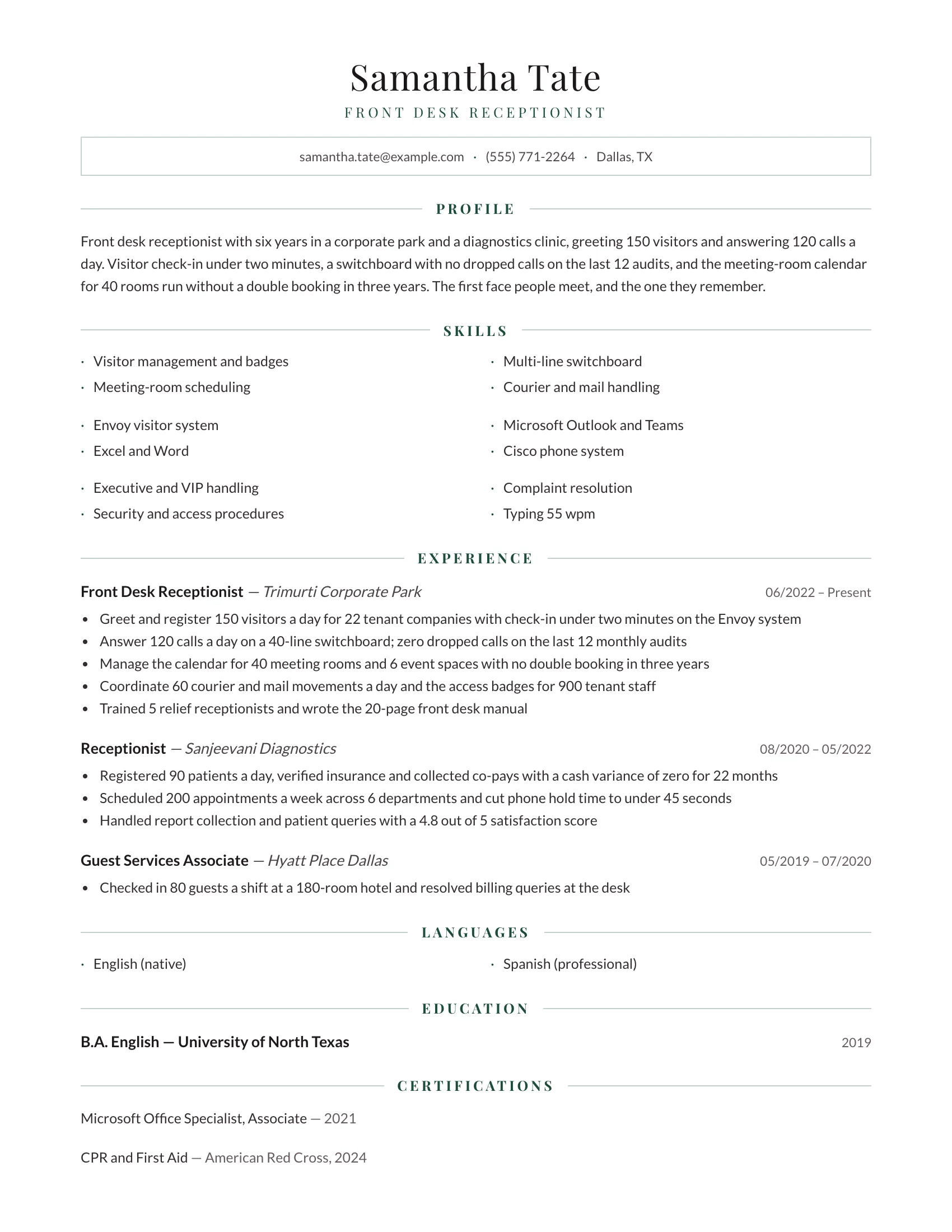 Receptionist · Foyer (Teal) resume template preview