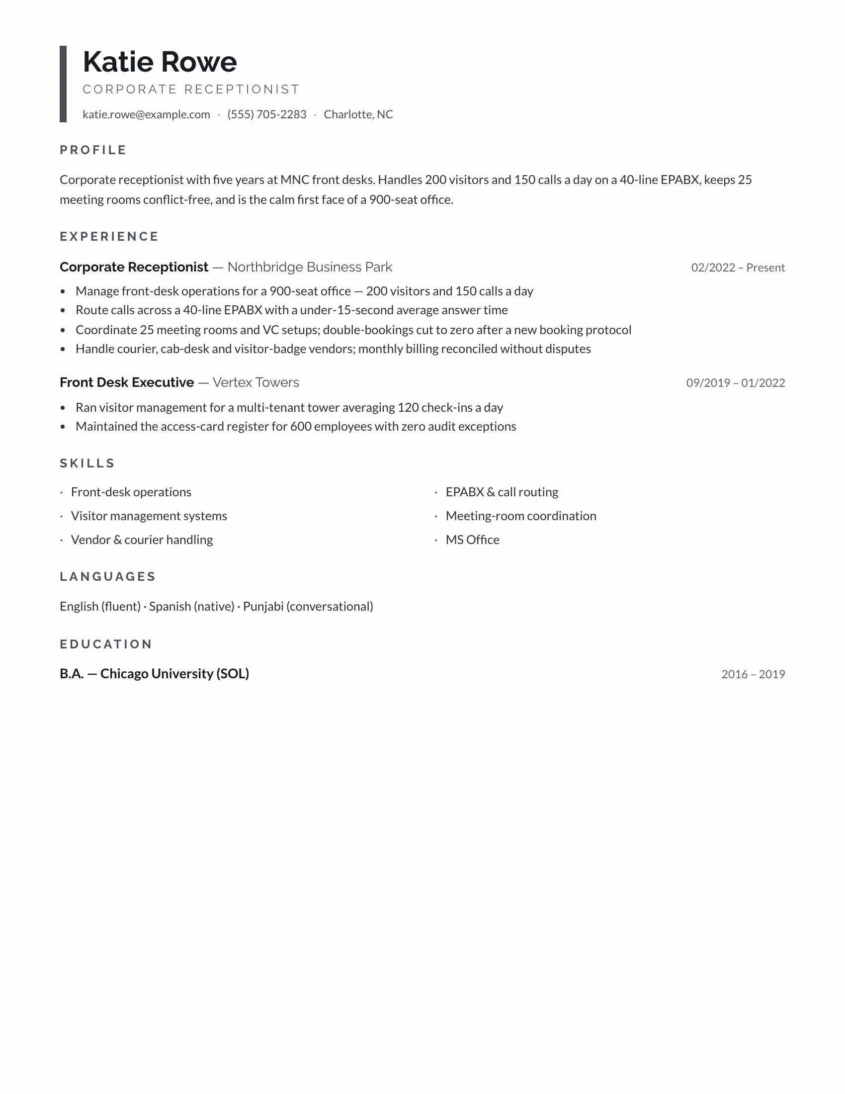 Front Desk · Rule resume template preview