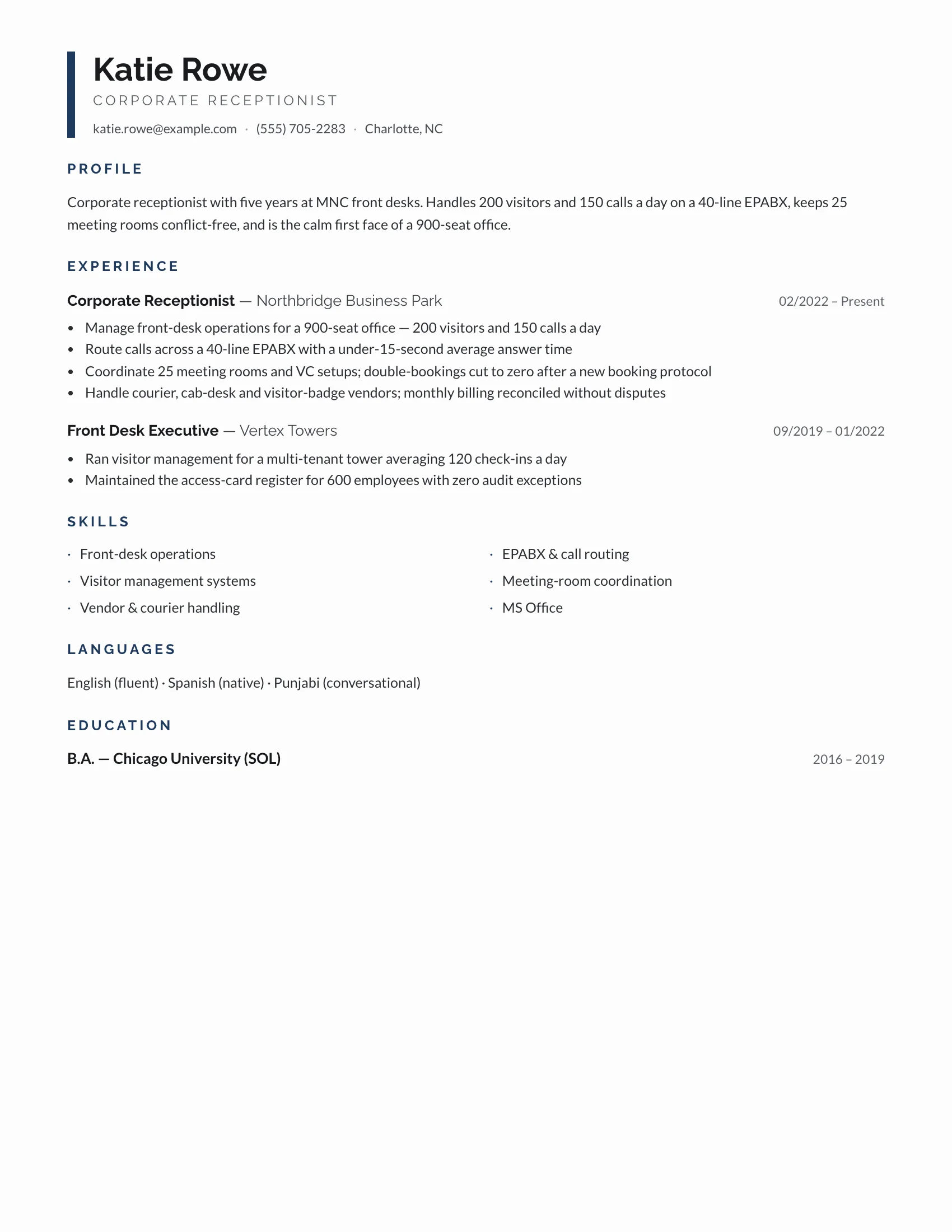Front Desk · Rule (Navy) resume template preview