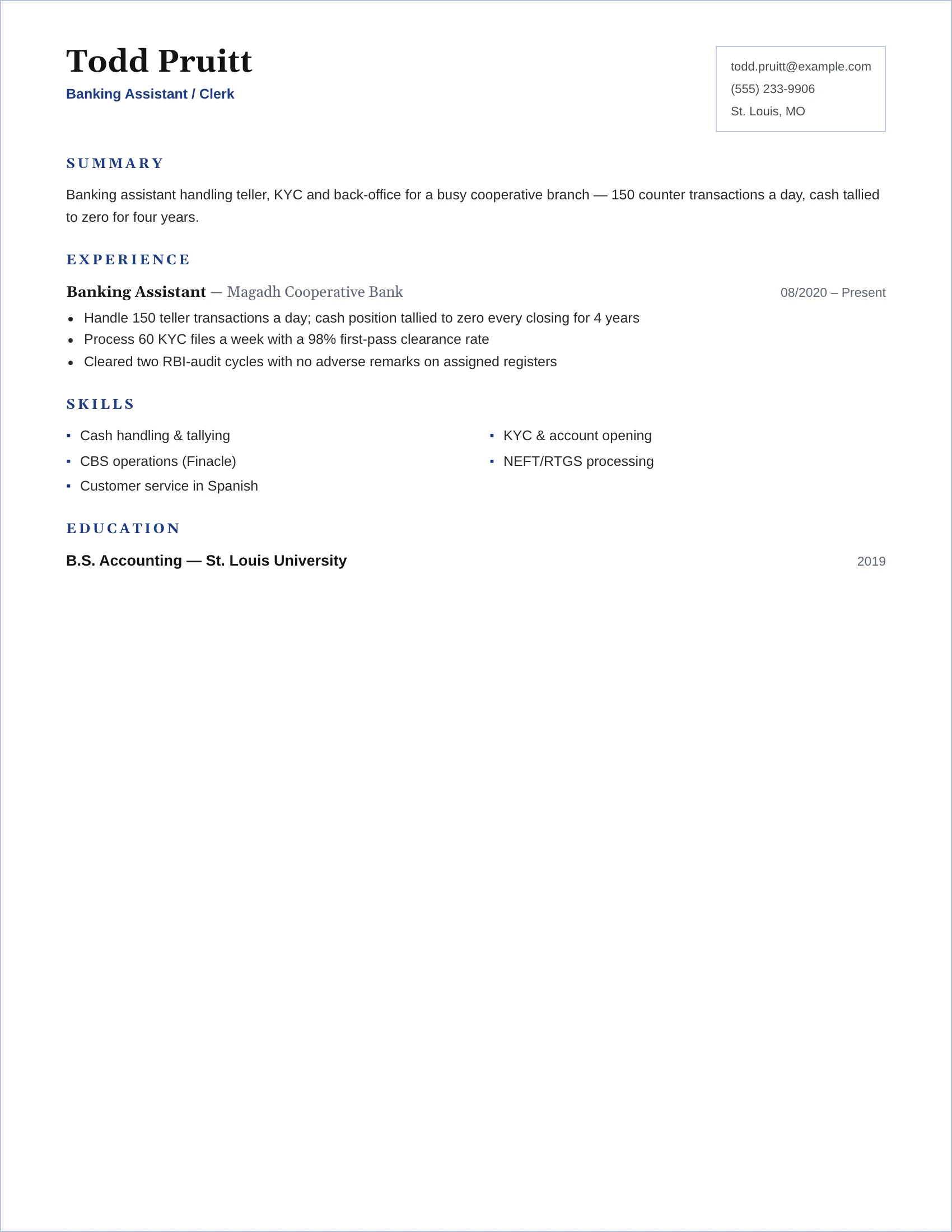 Bank Clerk · Frame resume template preview
