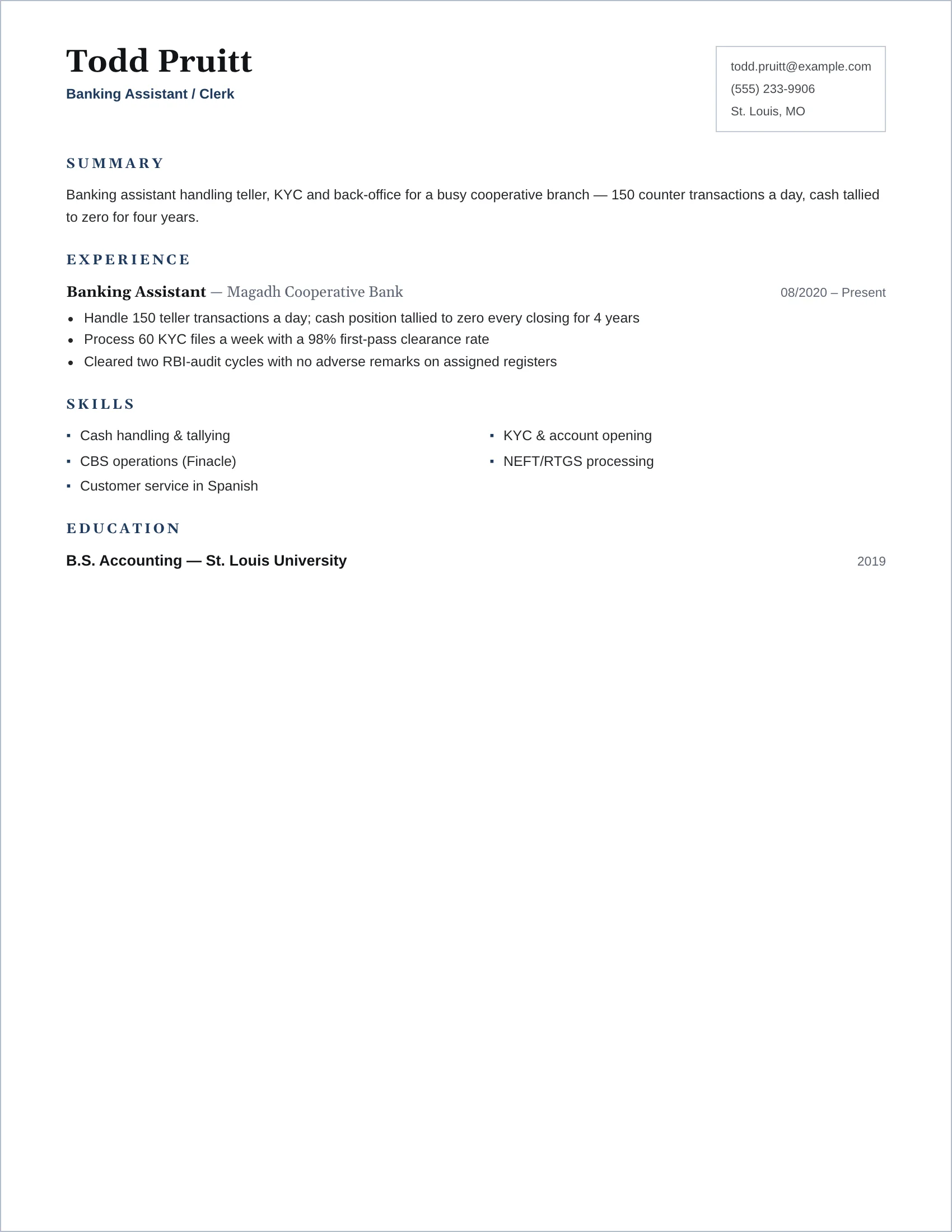 Bank Clerk · Frame (Navy) resume template preview