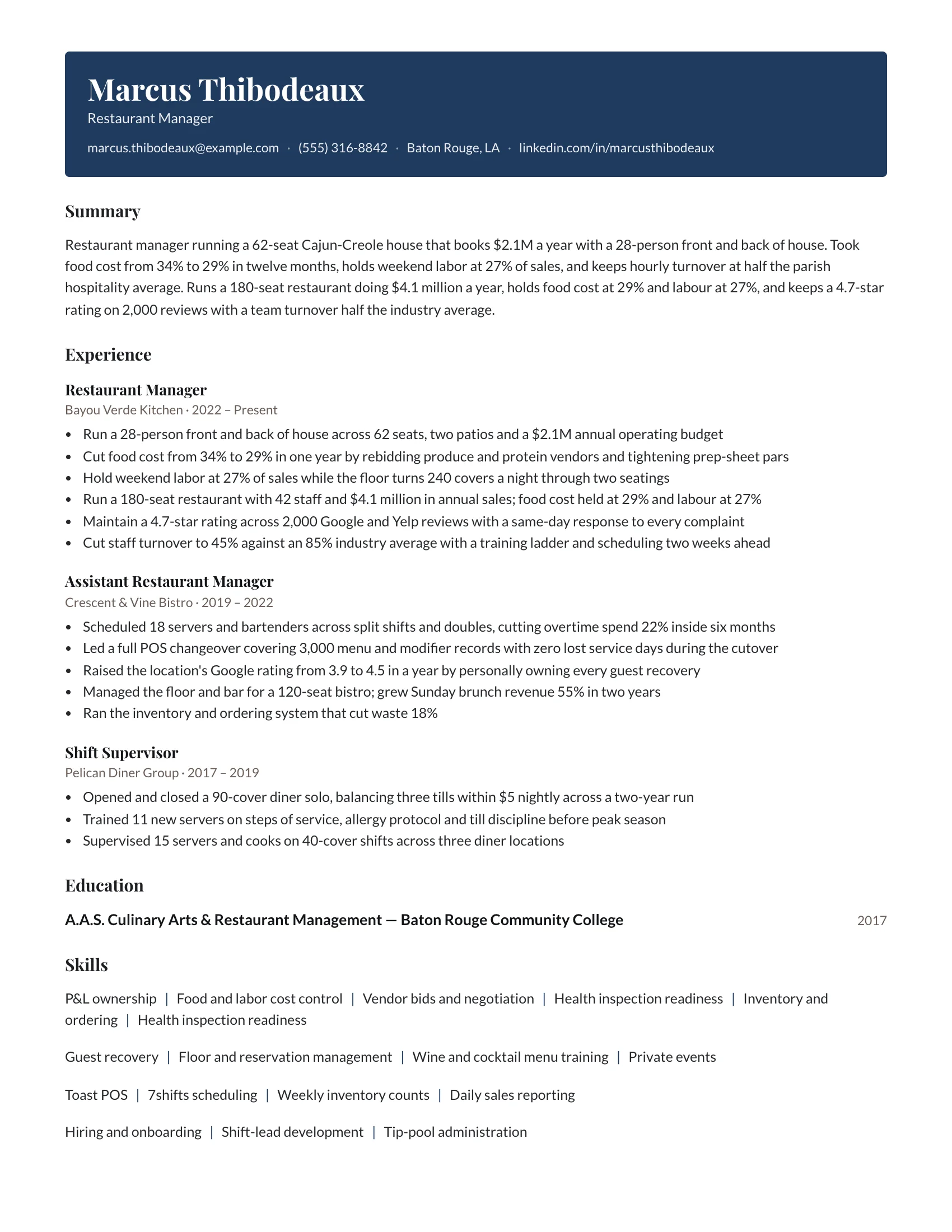 Restaurant manager resume example — sample document