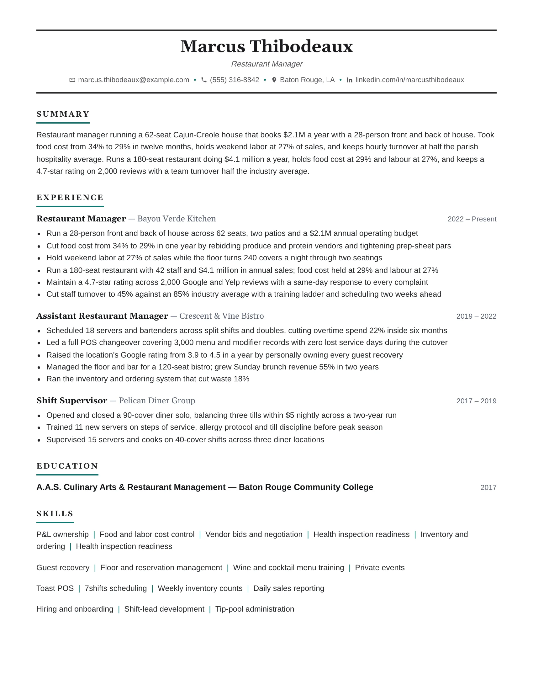 Restaurant Manager · Double Deck resume template preview