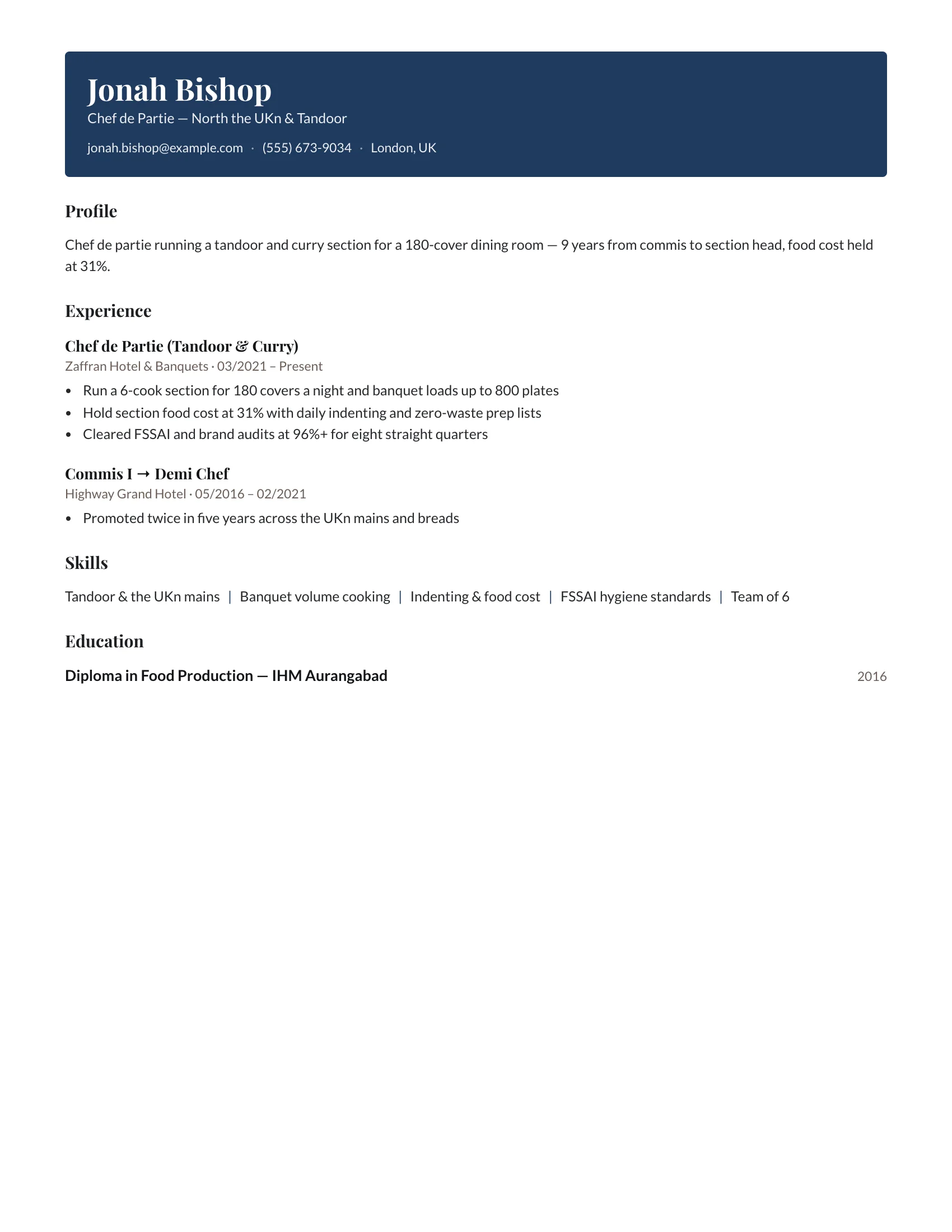 Chef · Ribbon (Navy) resume template preview