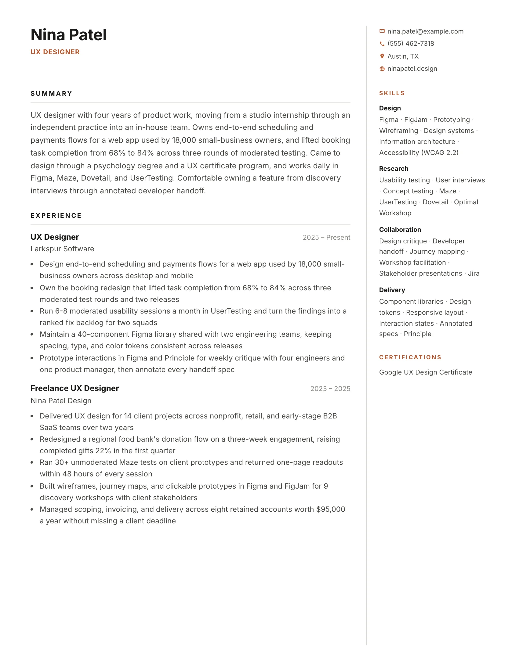 UX Designer · Right Rail resume template preview