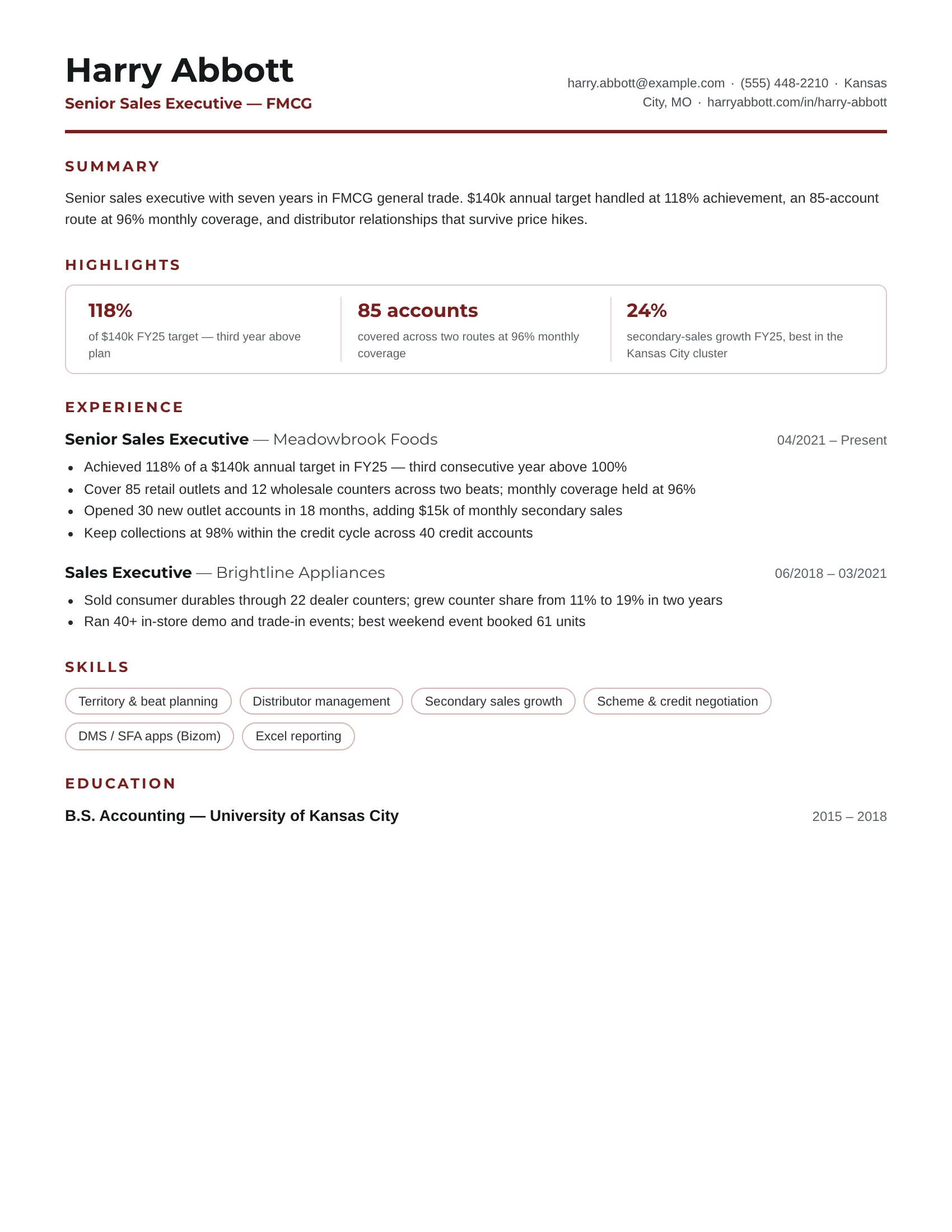 Field Sales · Ledger (Red) resume template preview