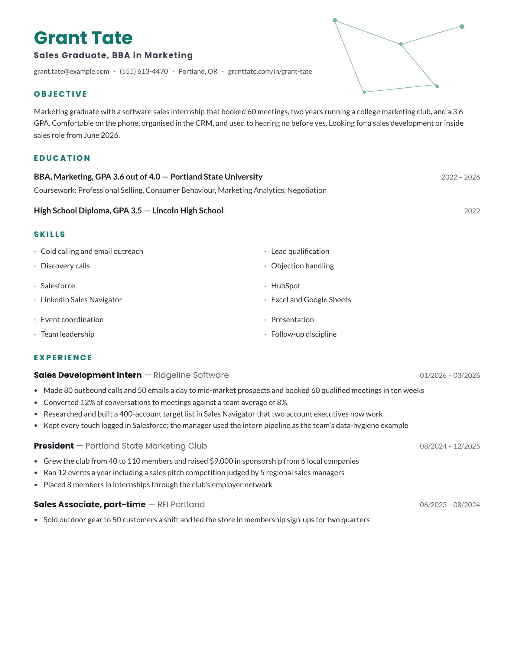 Sales Grad · Constellation (Teal) resume template preview