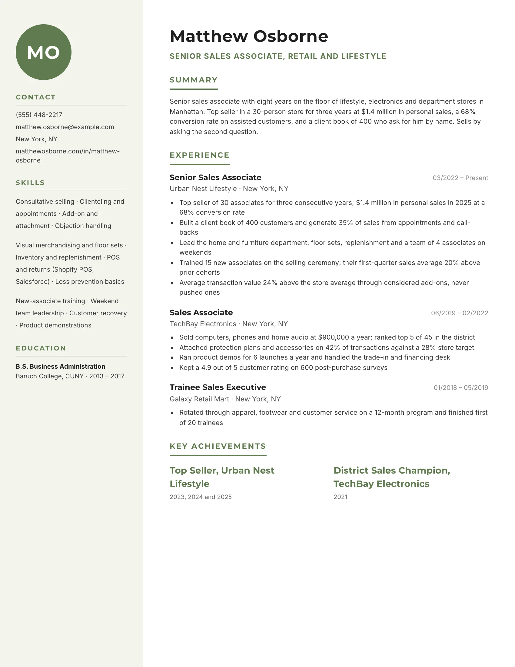 Sales & Retail · Monogram resume template preview