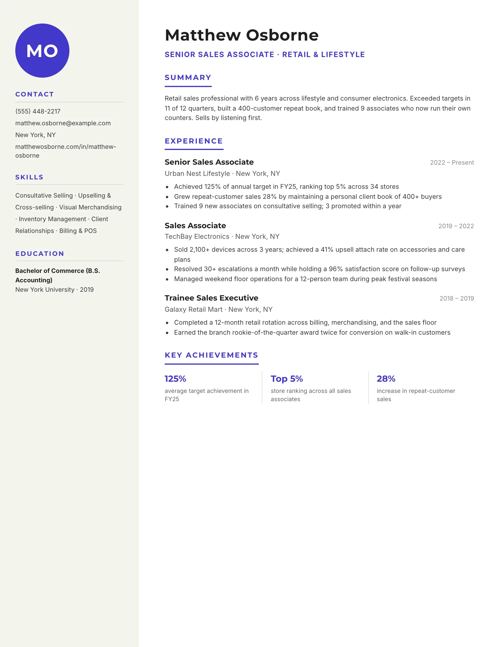 Sales & Retail · Monogram (Indigo) resume template preview