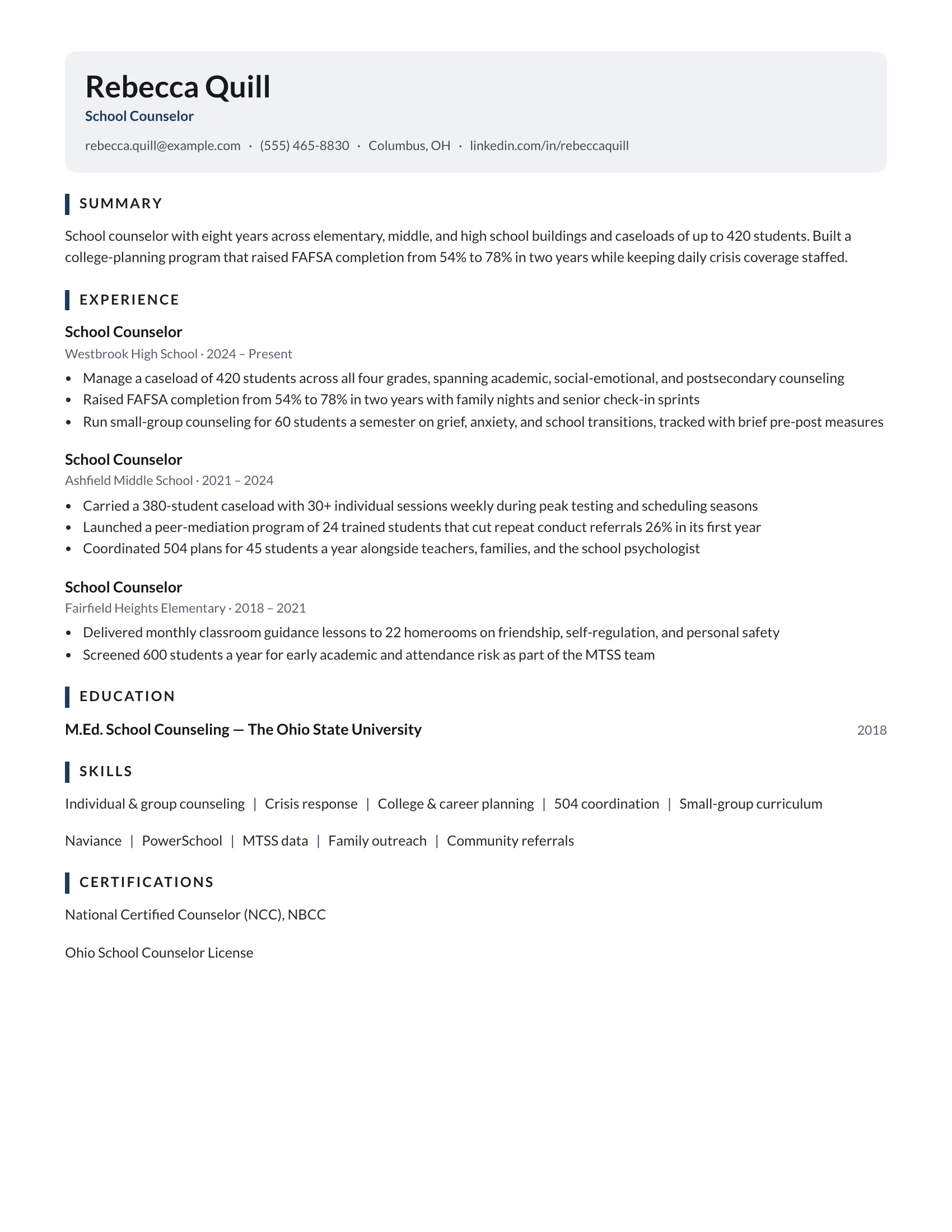 School Counselor · Calm resume template preview
