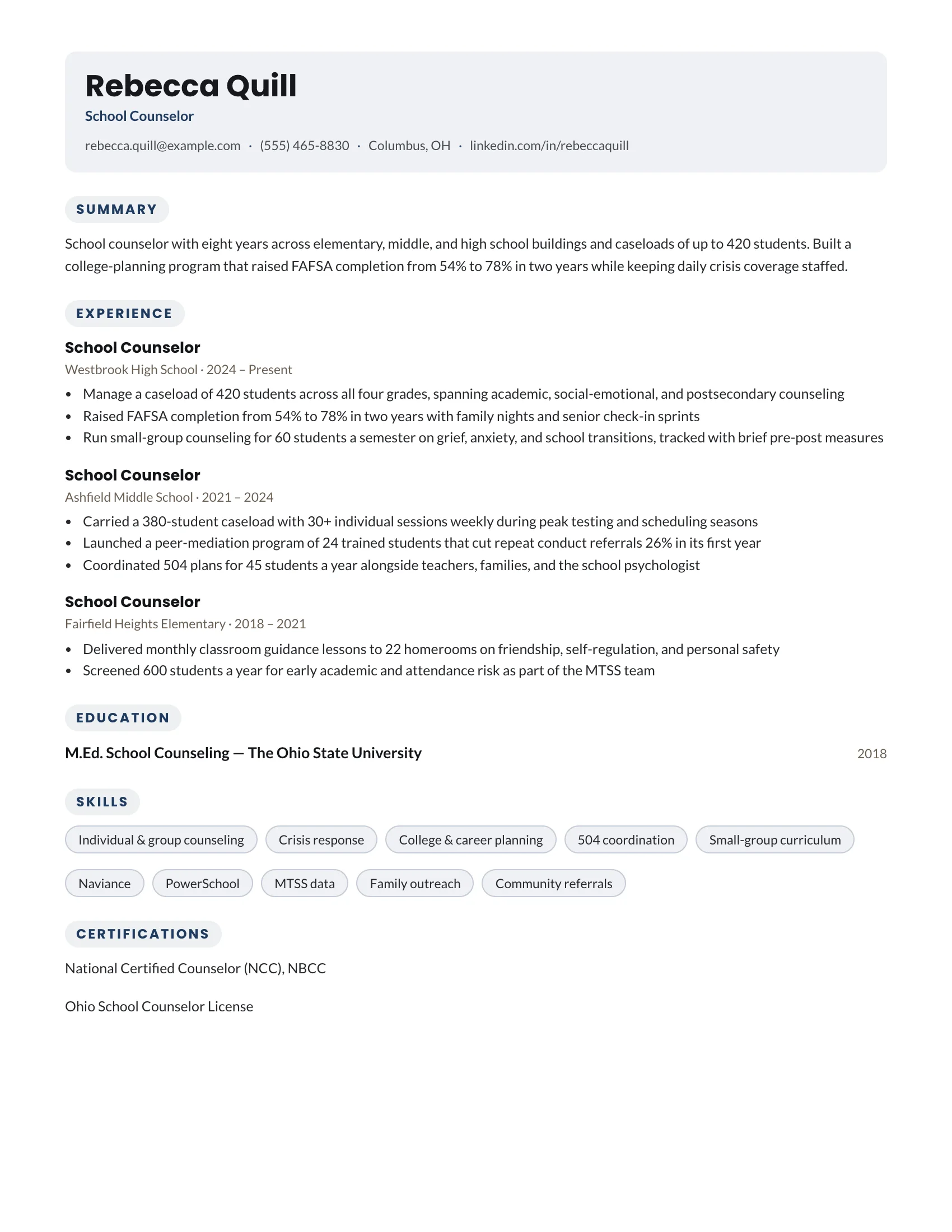 School Counselor · Sunny resume template preview