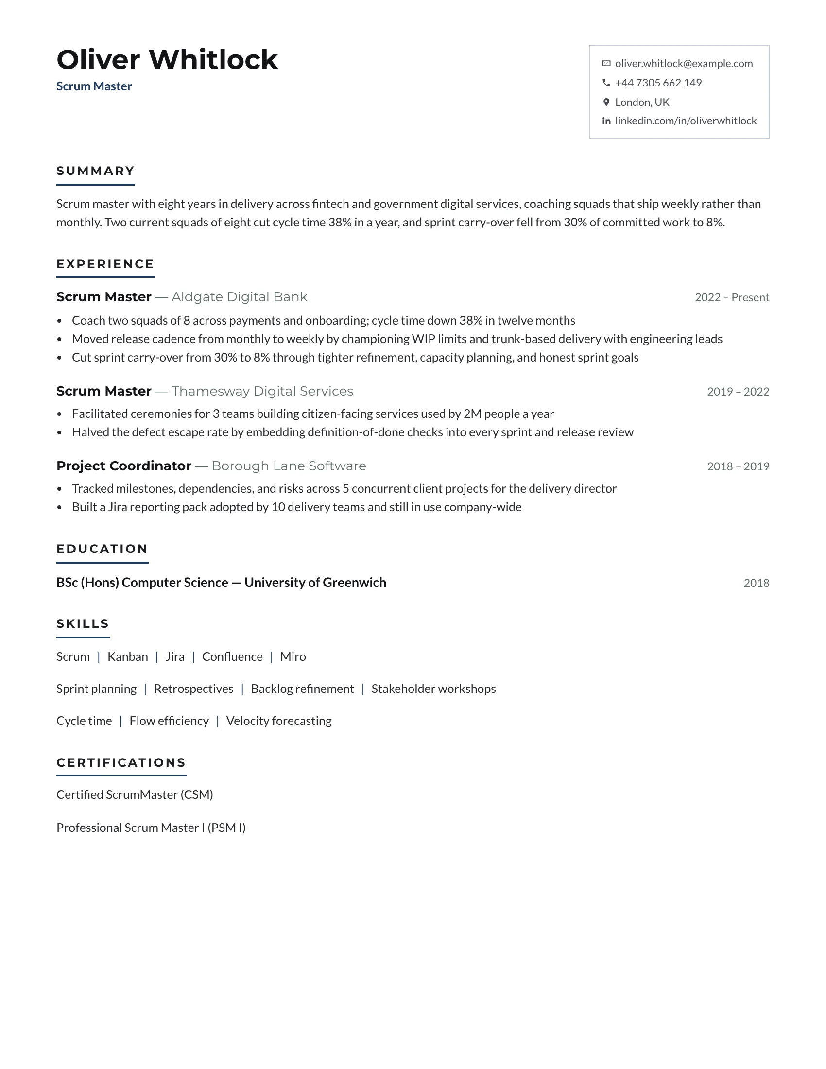 Scrum Master · Midday resume template preview